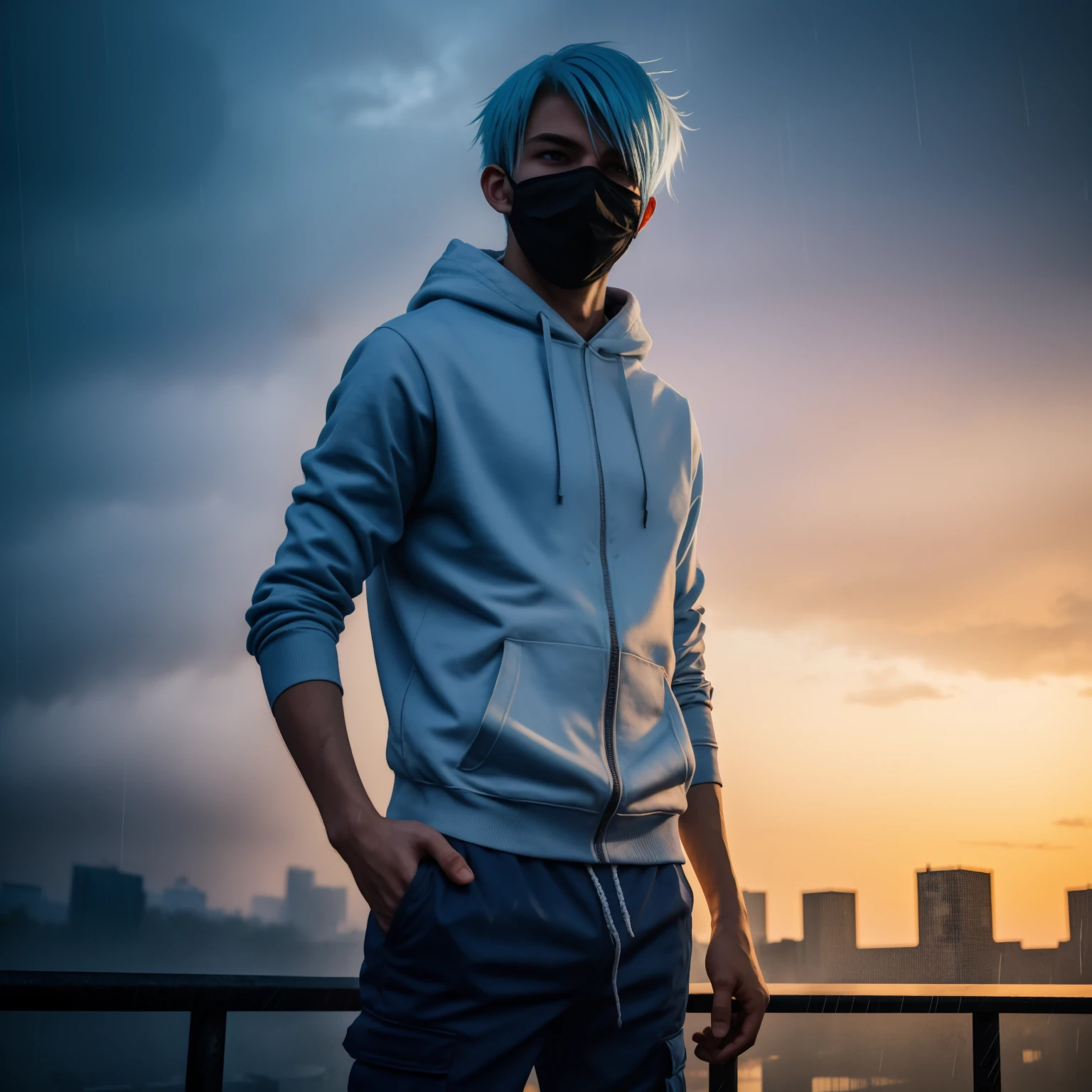 Teen male posing, skinny body, city, atmospheric, cute face, blue white hair, mask, dead inside, yellow hoody, dark lighting, tight boxers, bokeh, background blur