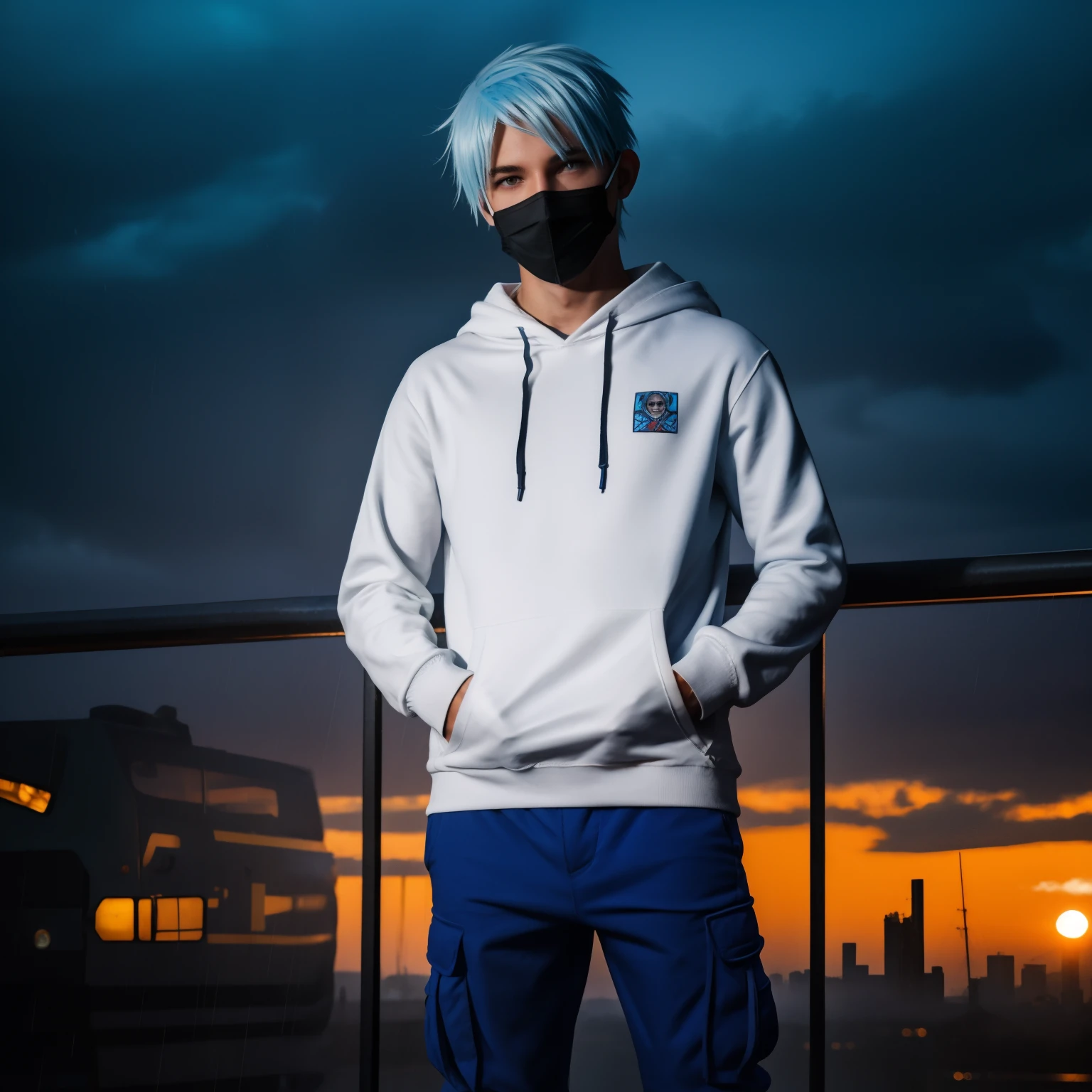 male posing, skinny body, city, atmospheric, cute face, blue white hair, mask, dead inside, white hoody, dark lighting, cargo pants, bokeh, background blur, rain, fog, sunset