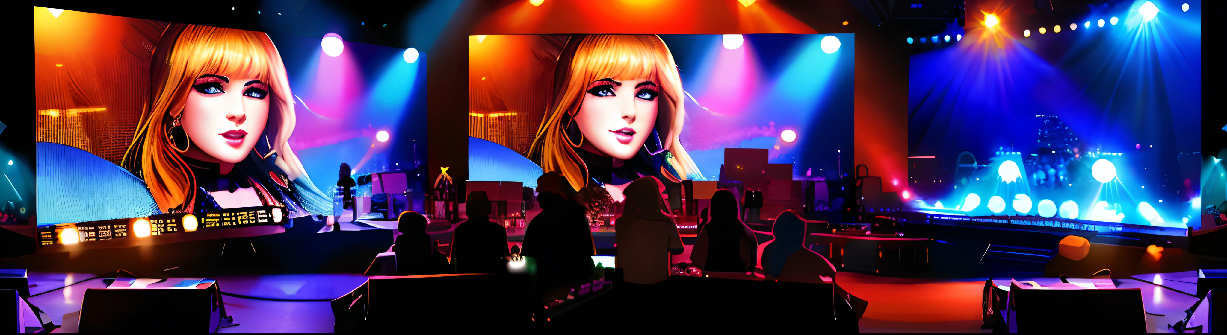 brightly lit stage with a woman on stage and a man on stage, rendering of beauty pageant, stylized digital illustration, digital illustration -, digital artwork, background artwork, giant video screens, movie screen shot, digital illustration, by Wayne England, fan art, colourful movie art, nightclub background, digital ilustration, in style of digital illustration, detailed digital artwork