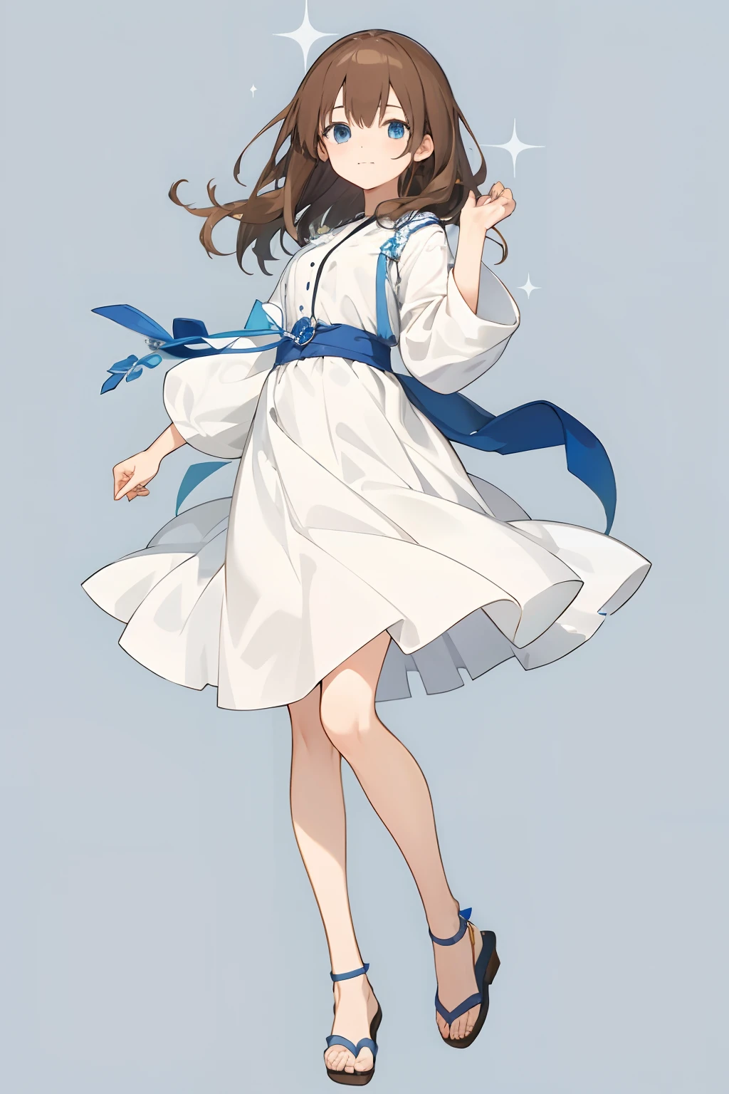 (Top quality illustrations:1.2)、(girl with:1.0)、(独奏:1.0)、(Long white dress sparkling in the wind:1.0)、(The upper part of the body:1.0)、(ultra-detailliert) 、hight resolution、(8K:1.0) 、brown haired、Medium Hair、light blue eyes、beautidful eyes、The best smile、enjoyably、the wind、Keep hair down、Spreading hands、Cork sandals、String Sandals、Skirt part with fashionable design、full body Esbian、masutepiece、white backgrounid、masterpiece、Top image quality、top-quality、Details of face、A detailed eye、Straight face、looking at the viewers