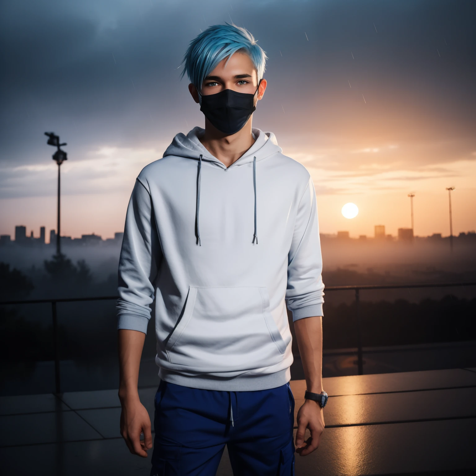 Teen male posing, skinny body, city, atmospheric, cute face, blue white hair, mask, dead inside, white hoody, dark lighting, cargo pants, bokeh, background blur, rain, fog, sunset