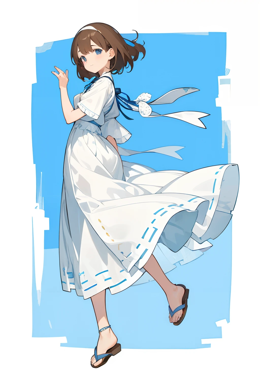 (Top quality illustrations:1.2)、(girl with:1.0)、(独奏:1.0)、(White long dress shining in the wind:1.0)、(The upper part of the body:1.0)、(ultra-detailliert) 、hight resolution、(8K:1.0) 、brown haired、Medium Hair、light blue  eyes、beautidful eyes、The best smile、enjoyably、the wind、Keep hair down、Spreading hands、Cork sandals、String Sandals、Skirt part with fashionable design、full body Esbian、masutepiece、white backgrounid、​masterpiece、Top image quality、top-quality、Details of face、A detailed eye、Straight face、looking at the viewers