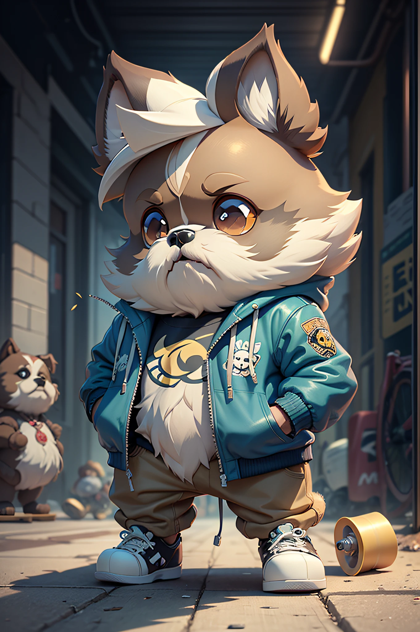 C4tt4stic, Riding a motorcycle、Cartoon Shih Tzu dog in jacket and skateboard(Body hair is camel colored、Details of the appearance of the Shih Tzu dog