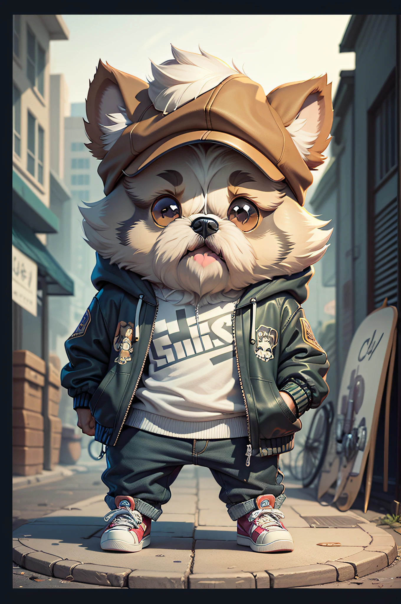 C4tt4stic, Riding a motorcycle、Cartoon Shih Tzu dog in jacket and skateboard（Body hair is camel colored、Details of the appearance of the Shih Tzu dog