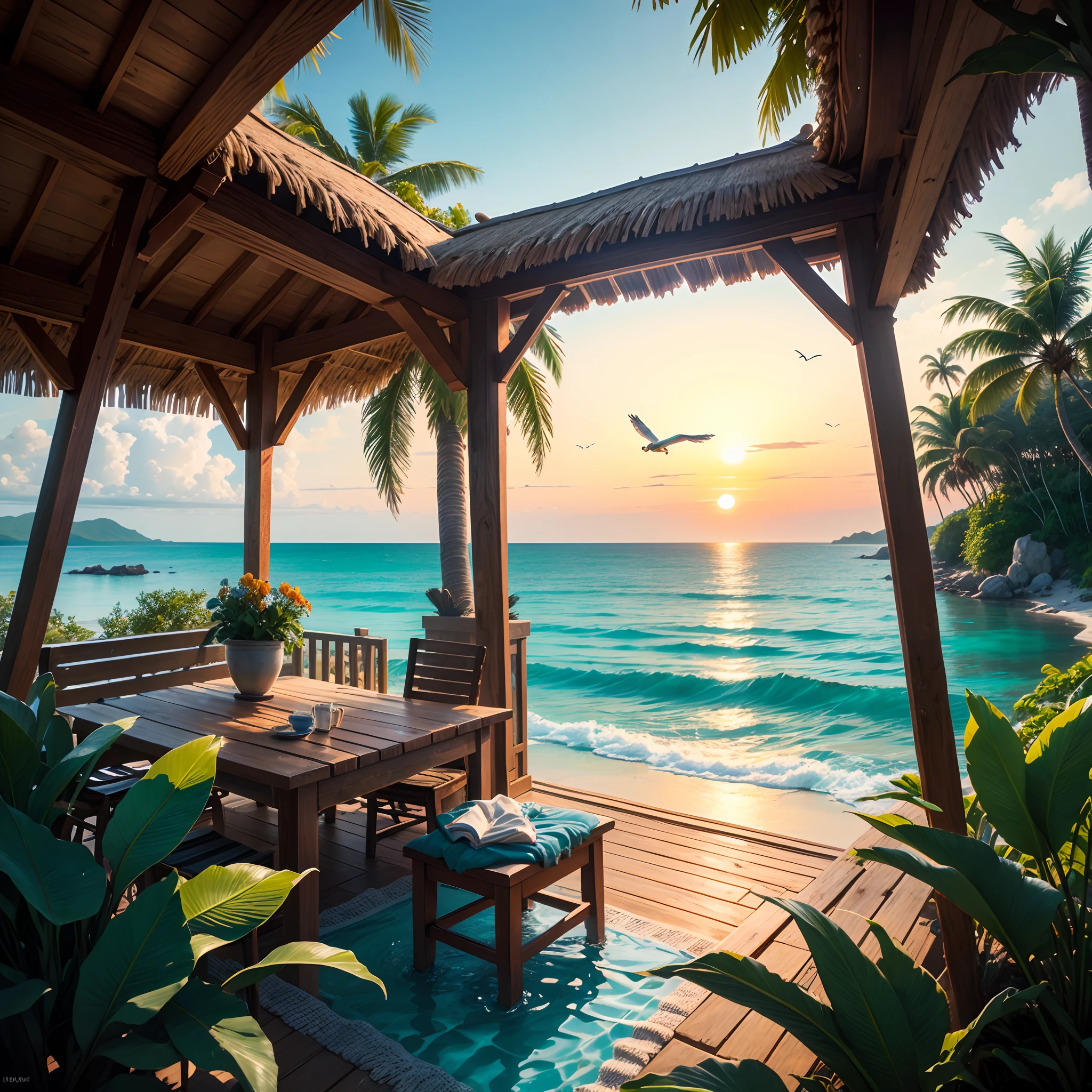 Paintings depicting the paradisiacal environment of a tropical island, White sand beaches and clear turquoise waters.
Tall, slender coconut trees line the coast, Sway gently in the wind.
Thatched hut by the sea, With hammock, Enticing relaxation.
A wide variety of exotic animals, It's like colorful parrots flying among the trees，Dolphins jumping in the waves.
Lush tropical flowers，vibrant with colors, Orchids included, Hibiscus and bromeliads.
stunning waterfall, Water falls into lakes surrounded by dense vegetation.
People who enjoy the outdoors, How to dive, Surfing and yoga on the beach.
The setting sun depicts the sky in soft shades of orange, Pink and gold, Reflected on the calm water.
The feeling of living in harmony with nature, Create a relaxed and rejuvenating atmosphere.
Tiny details of textures, Like soft sand under your feet, Birds' bright feathers and waterfall droplets.
Rich and bright color palette, Highlight the natural beauty and vibrancy of the tropical environment.