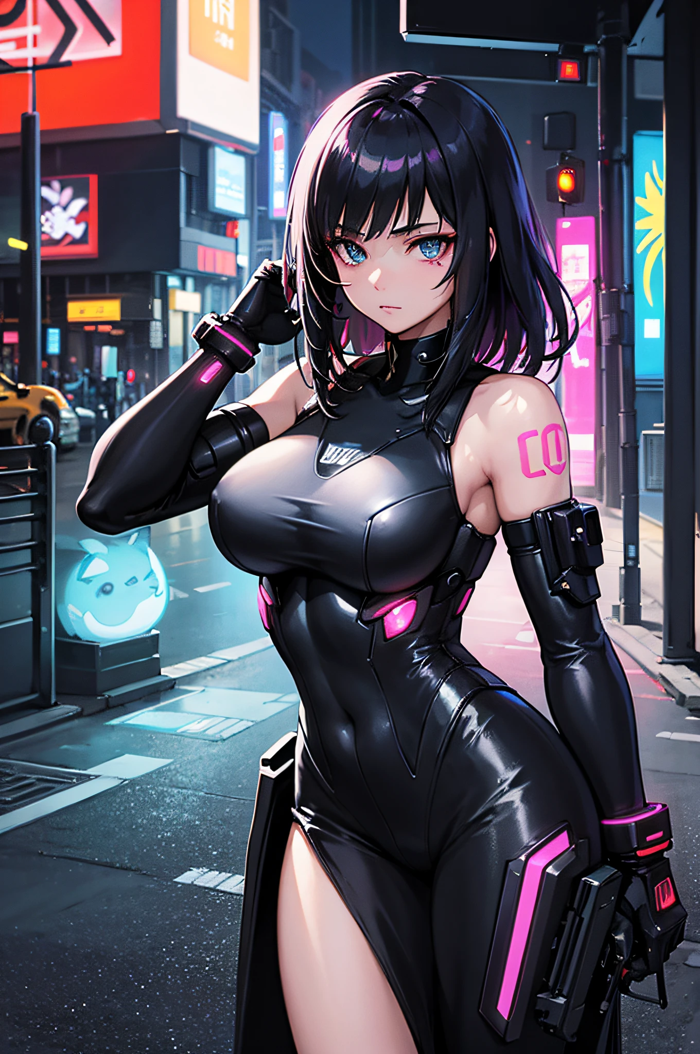 "Types of images: Super high quality and realistic cyberpunk art Subject: Stunning and attractive woman adorned in cutting-edge cyberpunk fashion. Her beauty is natural.、Enhanced with sparkling cybernetic tattoos. Her eyes, Shimmering with LED lighting accents, Captivating, a captivating gaze. She、Immerse yourself in a high-tech ensemble composed of holographic materials and complex circuit designs. The background is a dazzling neon streetscape, Amplify her charm. Art styles、Realistic, Cyberpunk, Futuristic art inspiration, Ghost in the Shell."