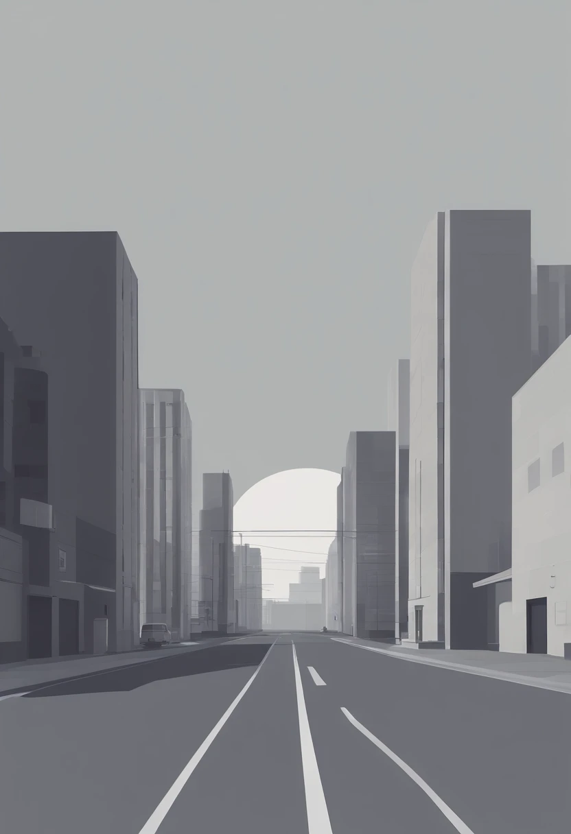 indie game art, simple, minimalist, gray colors, city landscape, geometric, dystopian, front view of street and buildings