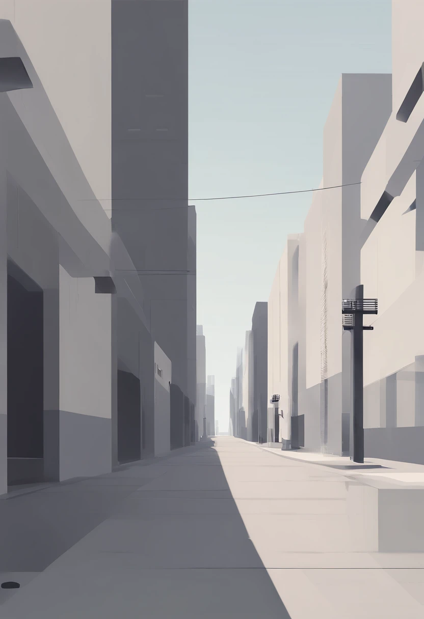 indie game art, simple, minimalist, gray colors, city landscape, geometric, dystopian, front view of street and buildings