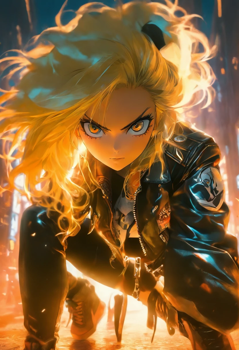 leather jacket, leather pants, black metal, heavy metal, eyes squinting, leaning forward, woman, cinematic lighting, sun, blond hair, attractive, Kodak portra 800, polaroid photo