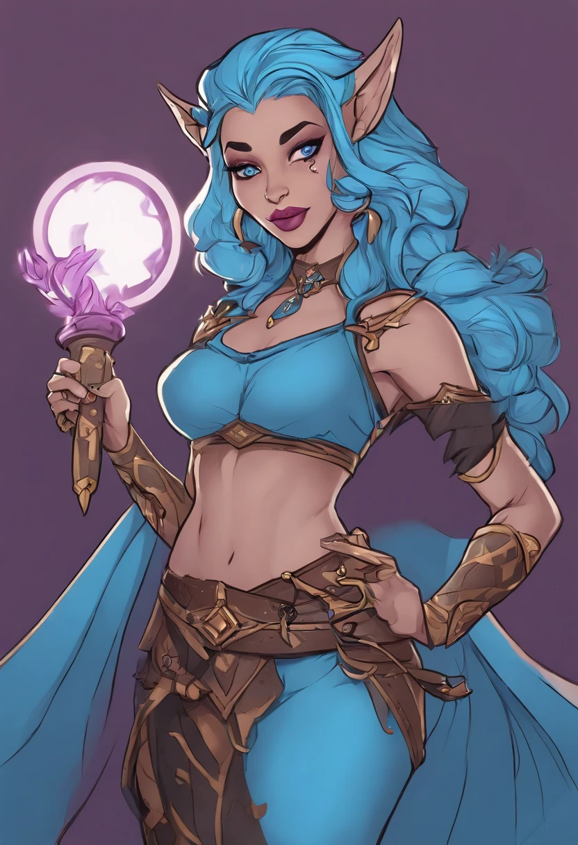 a close up of a cartoon character holding a wand, blue-skinned elf, portrait of jinx from arcane, blue elf, arcane jinx, jinx from arcane, commission for high res, colored lineart, with blue skin, holy cyborg necromancer girl, elf with blue skin, of anthro leopard warlock witch, magic user,