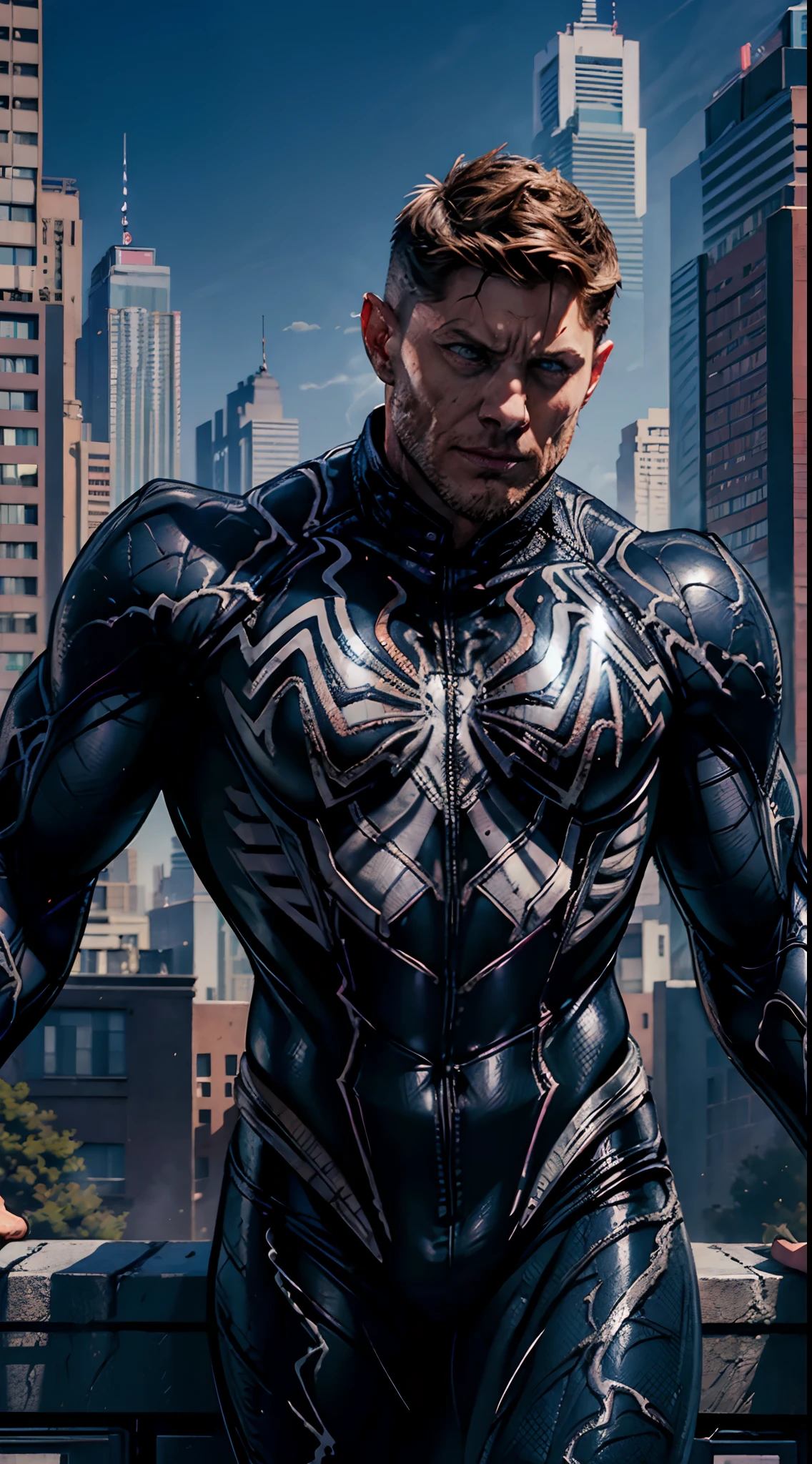 actor ((Jensen Ackles)) as ((Venom male)) from Marvel universe, (symbiote suit), (white spider sign on breast), on a roof of the scyscraper, sunlight, sunny day, intricate, high detail, sharp focus, dramatic, photorealistic painting art by greg rutkowski