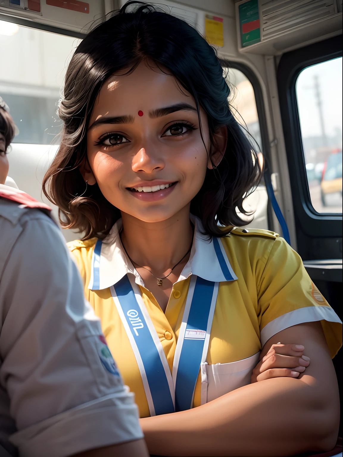 An Indian working woman in an ambulance, happy and her face is glowing and expressing her beauty. The image have a vignette effect in which her face is in focus, glow on the face, surrounding is dark, Her face symbolizes energy of a working woman who is not exhausted after doing a lot of works. She represents women power and dignity. The illustration should be award winning.