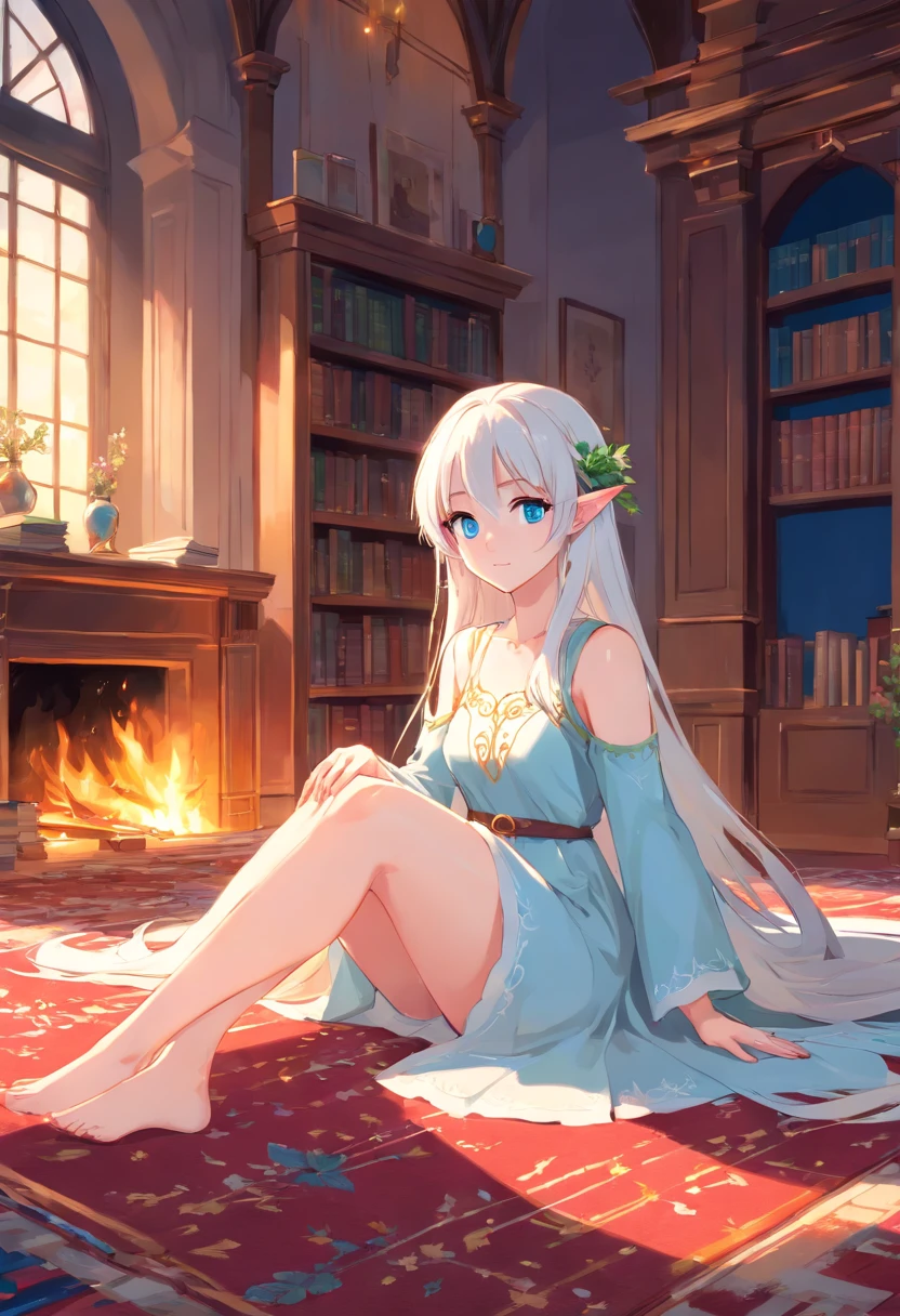 Elf Girl, white hair, long hair, blue eyes, earrings, sitting on the carpet, read book, white Greece dress, translucent dress, wreath, barefoot, fireplace, library in the castle