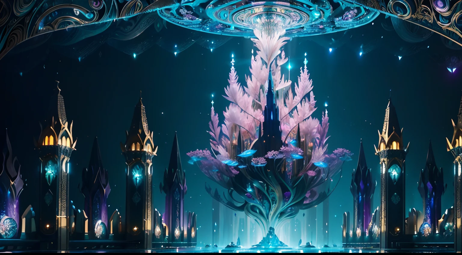 witness the splendor, crafted with a variety of techniques and technologies. (explore the ultimate beauty of depth underwater metropolis), (brought to life through a fusion of different artistic styles. illustration:2), stunning underwater metropolis where fantasy and mystery intertwine, towering central pillar housing a mesmerizing array of neuron flowers dancing in a water tank. magnificent underwater metropolis, mystique is brought to life through a magnificent central pillar adorned, their delicate petals swaying in the currents. vibrant neuron flowers, mesmerizing garden of neuron flowers. where magic and wonder come together, be seen dimly, bioluminescent with chromatic aberration, light painting coating, intricate detailed texture, intricate detailed detail, top quality, masterpiece, conceptual contrast, crystal cluster, meticulously designed with a blend of traditional and modern rendering methods. crisp clarity that is unmatched, insane details, divine possession, intricate surface detail, water and light aesthetics,
