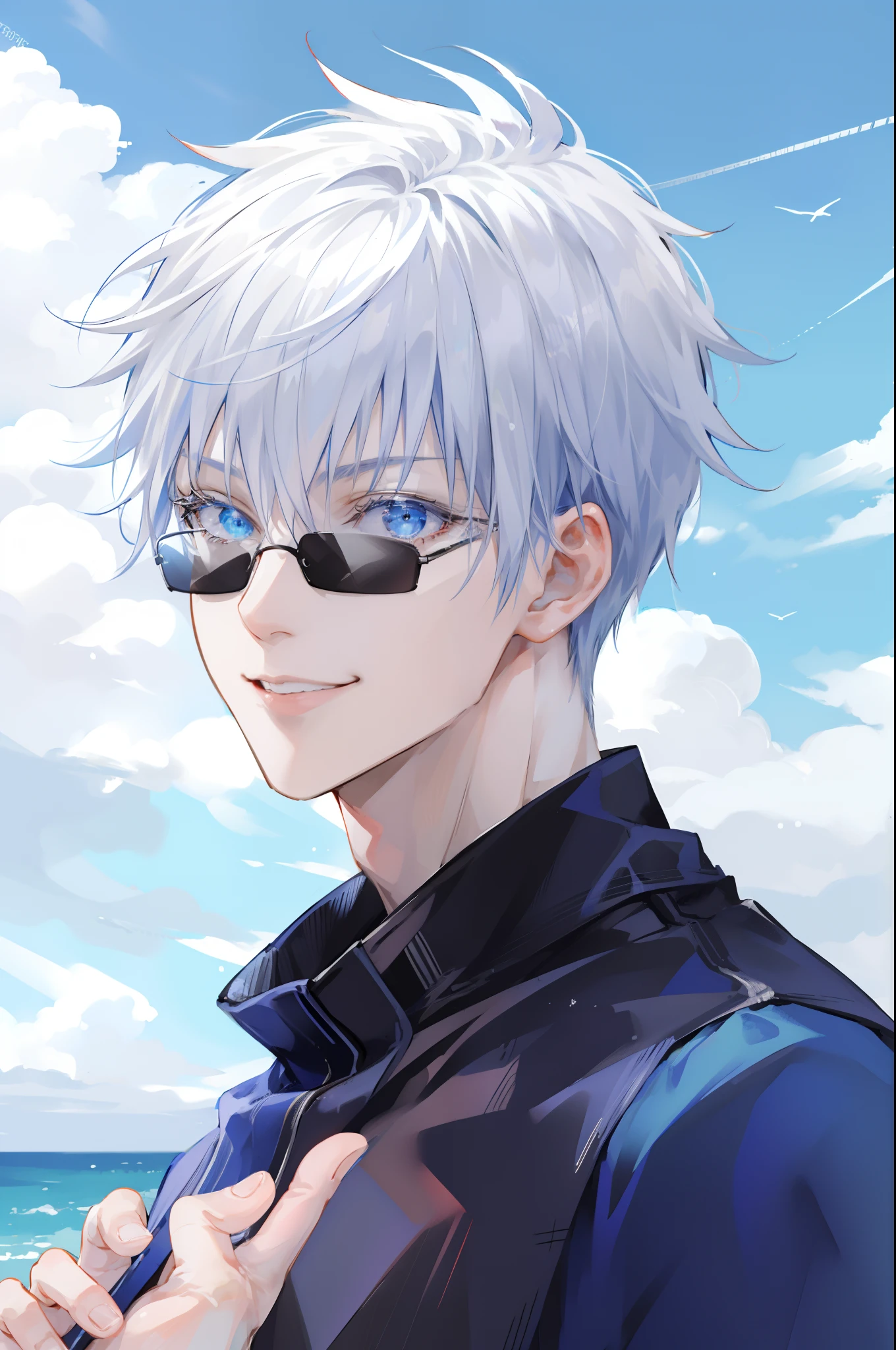 (masterpiece, best quality:1.2), (hyperdetailed face), (Super well-formed face), close up, face focus, solo, male focus, 1boy, gojo satoru, smile, looking at viewer, white hair, blue eyes, crystal clear eyes, beautiful pupils, beautiful detailed eyes, long eyelashes, black sweater, long sleeves, black pants, lift sunglasses, beautiful blue sky, summer sky