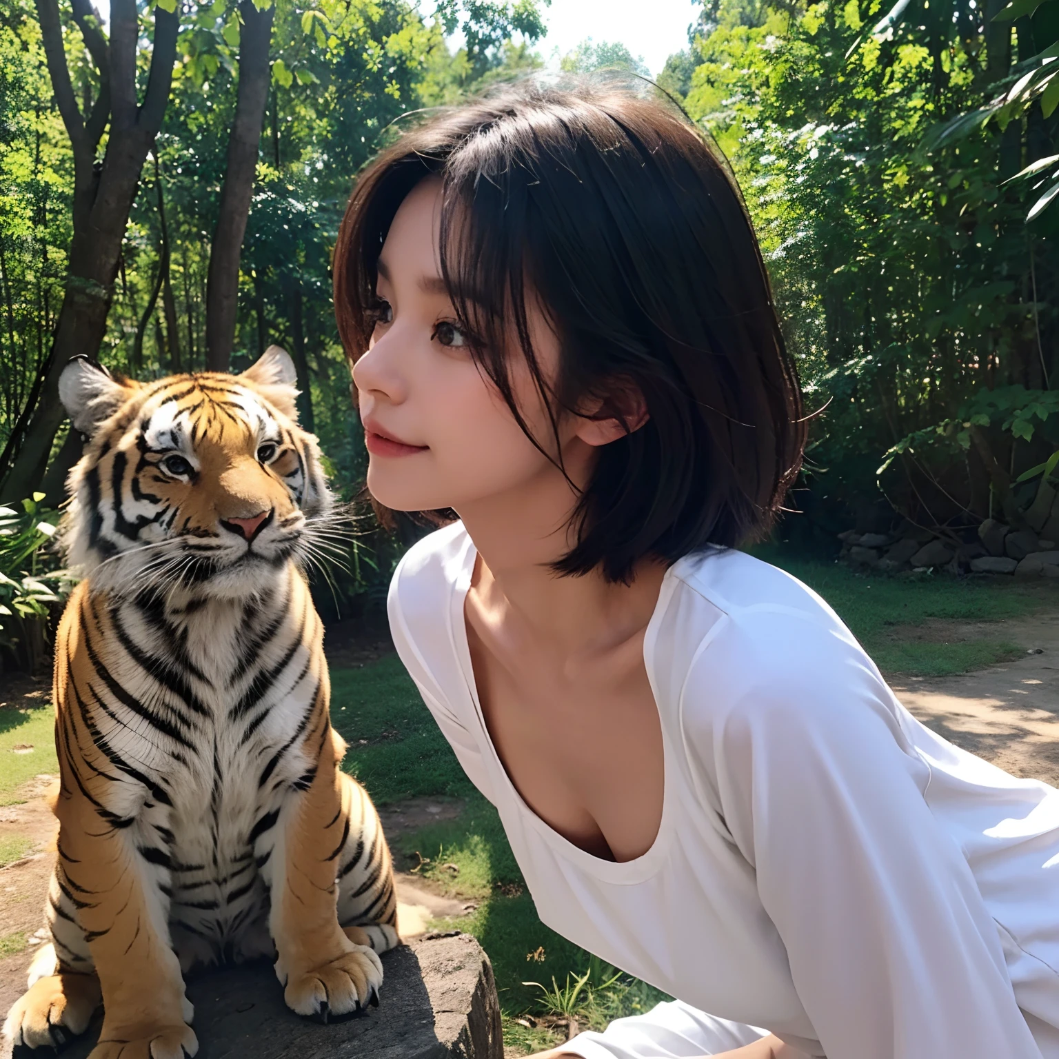 ((smallunderboob,Tomboyish,small heads)), (Well-defined abs: 1.1), (perfect bodies: 1.1), (short-length straighthair: 1.2), Black hair,attractive collarbone，（极其细致的CG 8k壁纸），（Extremely refined and beautiful），（tmasterpiece），（best qualtiy：1.0），（超高分辨率：1.0），upper body photos，[A high resolution]，A beautyful girl，Smooth and flawless fair skin，ultra - detailed ，Elongated legs，flatchest，Slim，emaciated，White dress-style long shirt，ln the forest，Riding a tiger，Realistic perfect tiger，Close-up，cheerfulness，ssmile