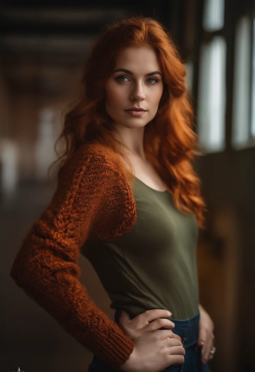 professionnel, (Photo 4k:1.1)  (mise au point nette:1.3), High detail, Porter (pull en tricot:1.2), beautifull detailed face, A pretty woman with long red hair looks at the camera , Panasonic Lumix S Pro 50mm F/1.4, Anne Stokes, splash of color, dark orange and dark emerald, Ferrania P30, photo realist, (attractive young woman:1.3), (Seductive:1.1), (rougissant:1.1), Forme du corps du sablier, petit seins ronds, hanches mince, in the background of the university, 17ans,