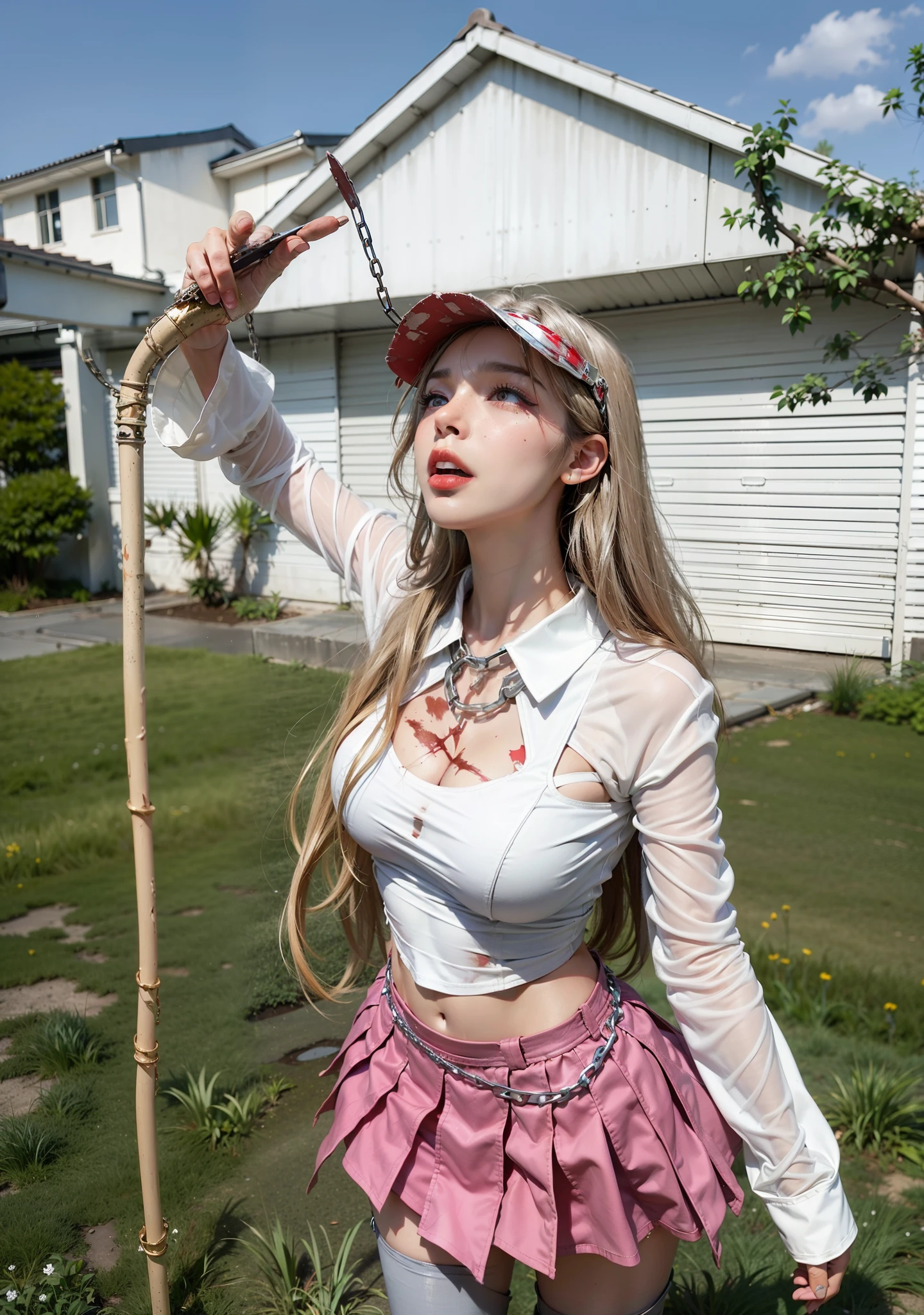 ,((Wearing a torn sheer costume of a superheroine)),(, No bra)), Wet crotch, Wet thighs, Beautiful girl with accentuated slender abs: 1.4, (((nipple tips protruding, areola is protruding, The shape of the pubic region is clearly visible)), sixpack abs: 1.4, Bust Botox, Photo, Sharpness, Unique 850 4, Koda850 k portrait camera, F1.6 shots, Ultra-realistic textures, Spectacular light textures, Cinestil 800 Fashion Mechanics, (futuristic sci-fi battle fashion: 1.1), (tied perfectly by chain), Restraint, Slaves, collars, ((wide prison with sunlight)), Dark fantasy, Realistic material details, extreme hight detail, Ultra-realistic materials ((Torn costume))), Wet, Cloudy, (Chained)), ((big emphasized by chains)), ((chains digging into crotch)), ( (Collar)), (, No bra), shredded costumes, broken golden shields and battle spears,, White combat gloves, Combat shoulder armor, Blood splattered on the face, Blood splattered, Realistic, (Bruises, Dirty, ripped clothing, skimpy clothing, Blood: 1.3),  Torn Cape, Torn pantyhose, Long legs, ((iron pipe in the crotch)), Metallic shackles and fetters, ((chains hung from heaven)), Wet crotch is clearly visible, Swarovski's sword and the anatomy beneath his feet, (futuristic sci-fi battle fashion, Torn mesh stockings),Stick out her tongue