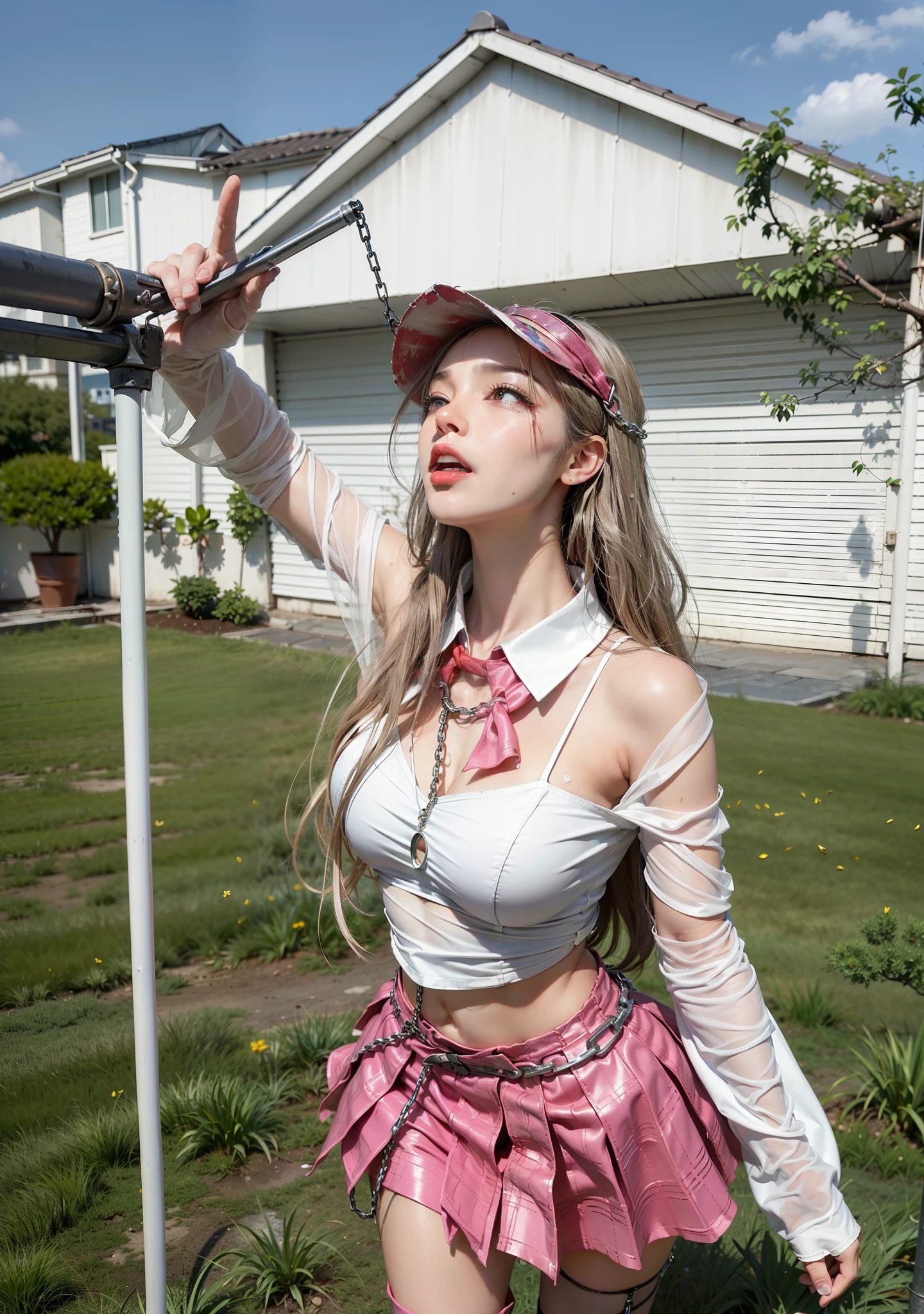 z23,, textured skin, 8k, beautiful detailed eyes, cinematic lighting, beautiful detailed face, ultra-detailed, world masterpiece theater, cinematic lighting,, 1girl, solo, blonde hair, purple eyes, hair bow, white shirt, beret, bare shoulders, gloves, iron cross, bike shorts, :d, armband, white gloves, cowboy shot,