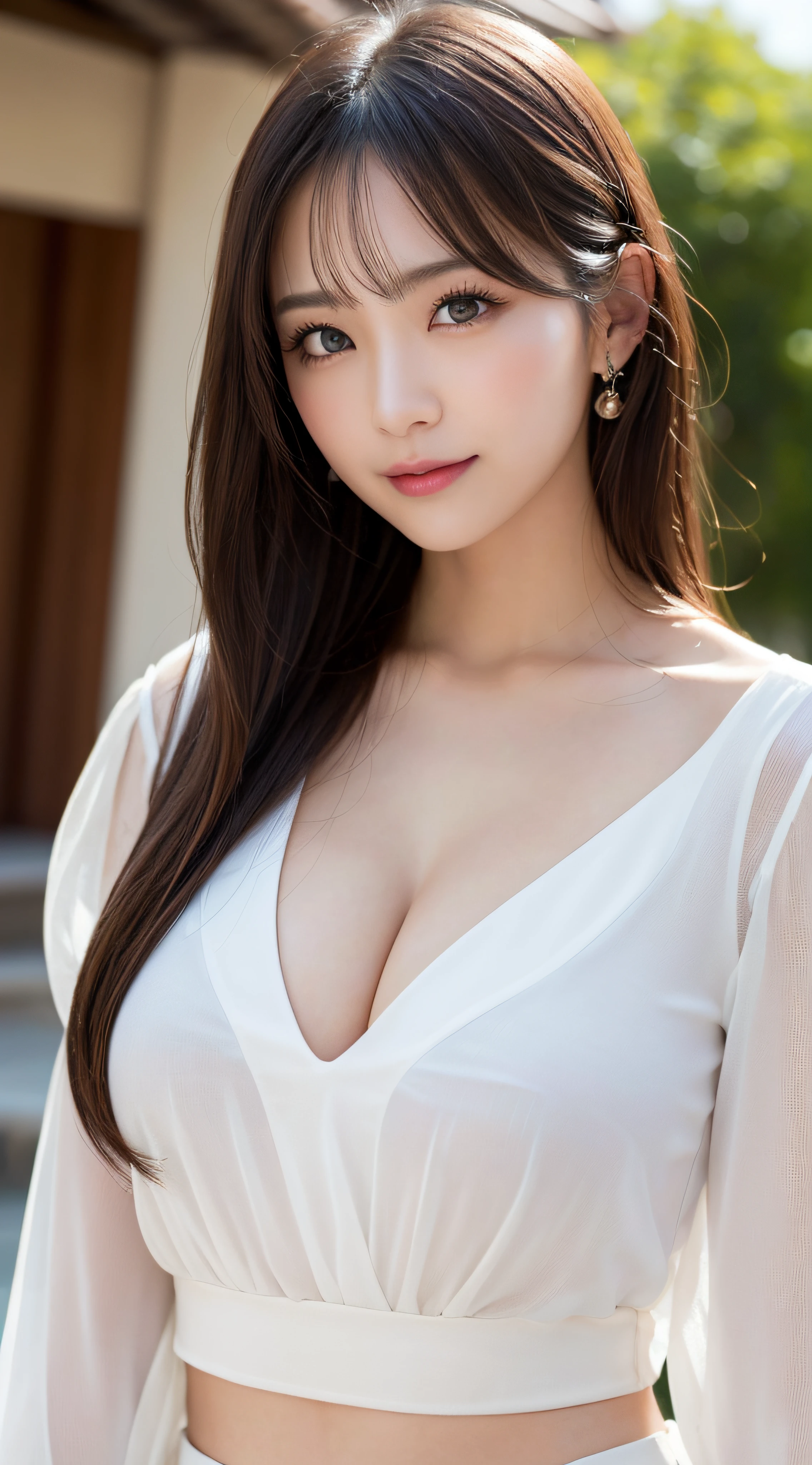 masutepiece, Best Quality, Photorealsitic, finely detail, hight resolution, 8K Wallpapers, Perfect dynamic composition, Beautiful detailed eyes, Medium Hair, large full breasts, Random and sexy poses,Bring your chest together、(See-through white blouse)、Cleavage looks realistic)、(Breast bulge 1.2)、A smile、open open mouth、Resort scenery、25-years old、(Drooping eyes 1.4)、Adult beauty、japanes