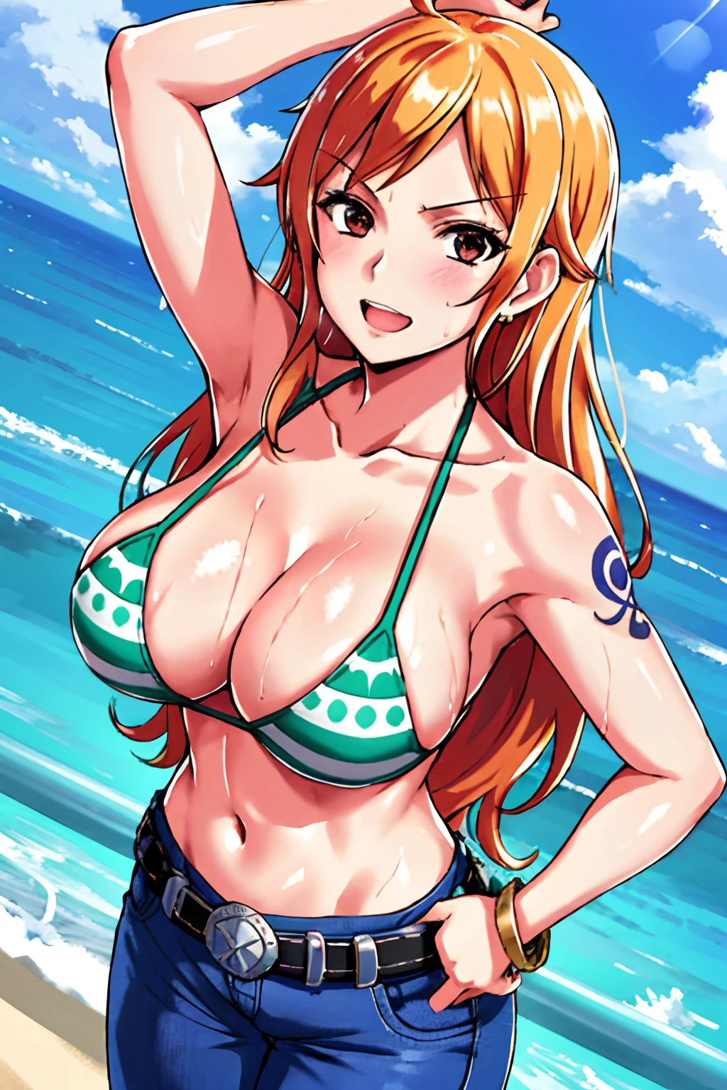 Detailed background, masutepiece, 4K, epicd, Best Quality, Late youth, Adult, Wrestler Body, Strong, 1girl in, Active, Energetic, (large mouth) , Solo, Nami \(One piece\), 1girl in, bangle, (Very wet, Drenched in sweat, sweat all over, very wet hair, Tired, Open mouth, Exhausted, Shouting, Sweaty face, Sweaty body, too sweat, shiny sweat, leaning, Hands on hips, Serious, Glaring, Open eyes, Perfect detailed face, Round face, Sweat on Face) bold drawing lines, Muscular arms, Detailed bold arm lines, Flat jaw, Adult Woman, bangs with wavy broad stripes,, Floating Van, (Big cheeks), Bare shoulders, off shoulders, Belt bag, bikini of, bikini top only, Showing nipples, , pink nipples,big round nipples, visible nipples,wet body , milf sky, Bracelet, elastic breasts, Chest line, large round eyes, very large brown shiny eyes,, Bubbles, High eye position, cleavage, cloud, day, denim, earrings, Floating hair, Shiny hair, Green belt, Green Bikini, Bold groin line, jeans, Jewelry, medium breasts, Log Pose, Long hair, Looking at Viewer, large navel, Wet hair, Orange hair, Pants, Tattoos on the shoulder, side locks, skyporn, Solo, Standing, Stomach, Swimsuit, The tattoo , Looking at Viewer, Open mouth, Detailed left arm, large forehead, an hourglass figure, small head, Toned body, wide hair, Wind-effect, Solar effect, Under the sun, narrow small ear angle,, Older, Random Poses,