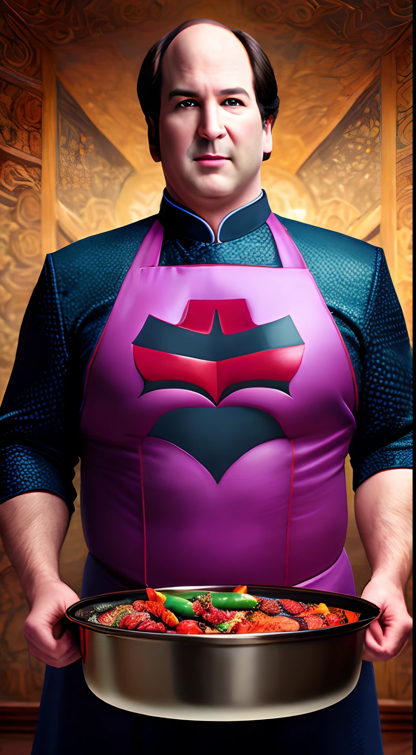Kevin malone, evil cook, holding giant pot of chile, realistic photo, muscular, evil super villain, (masterpiece, top quality, best quality, official art, beautiful and aesthetic:1.2) is, extreme detailed,(fractal art:1.3),colorful,highest detailed
