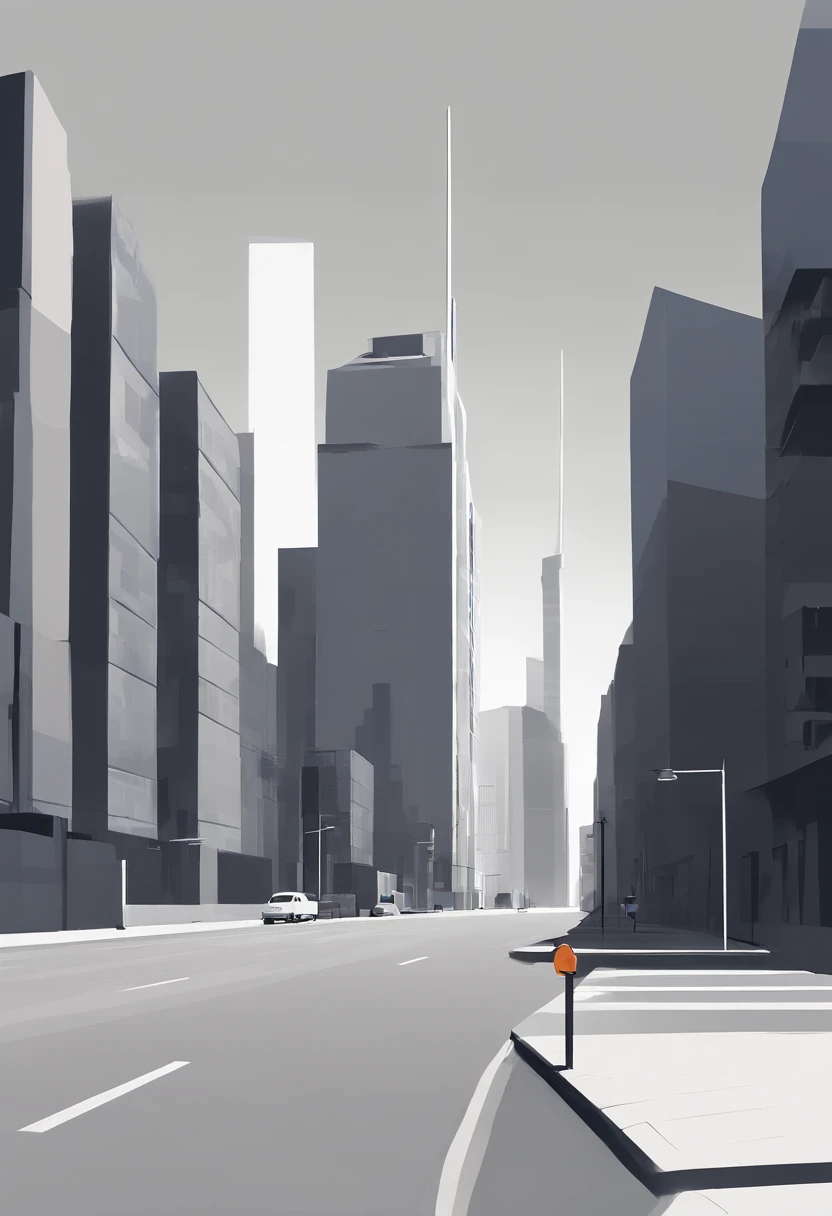 indie game art, simple, minimalist, gray colors, city landscape, geometric, dystopian, side view of street and buildings