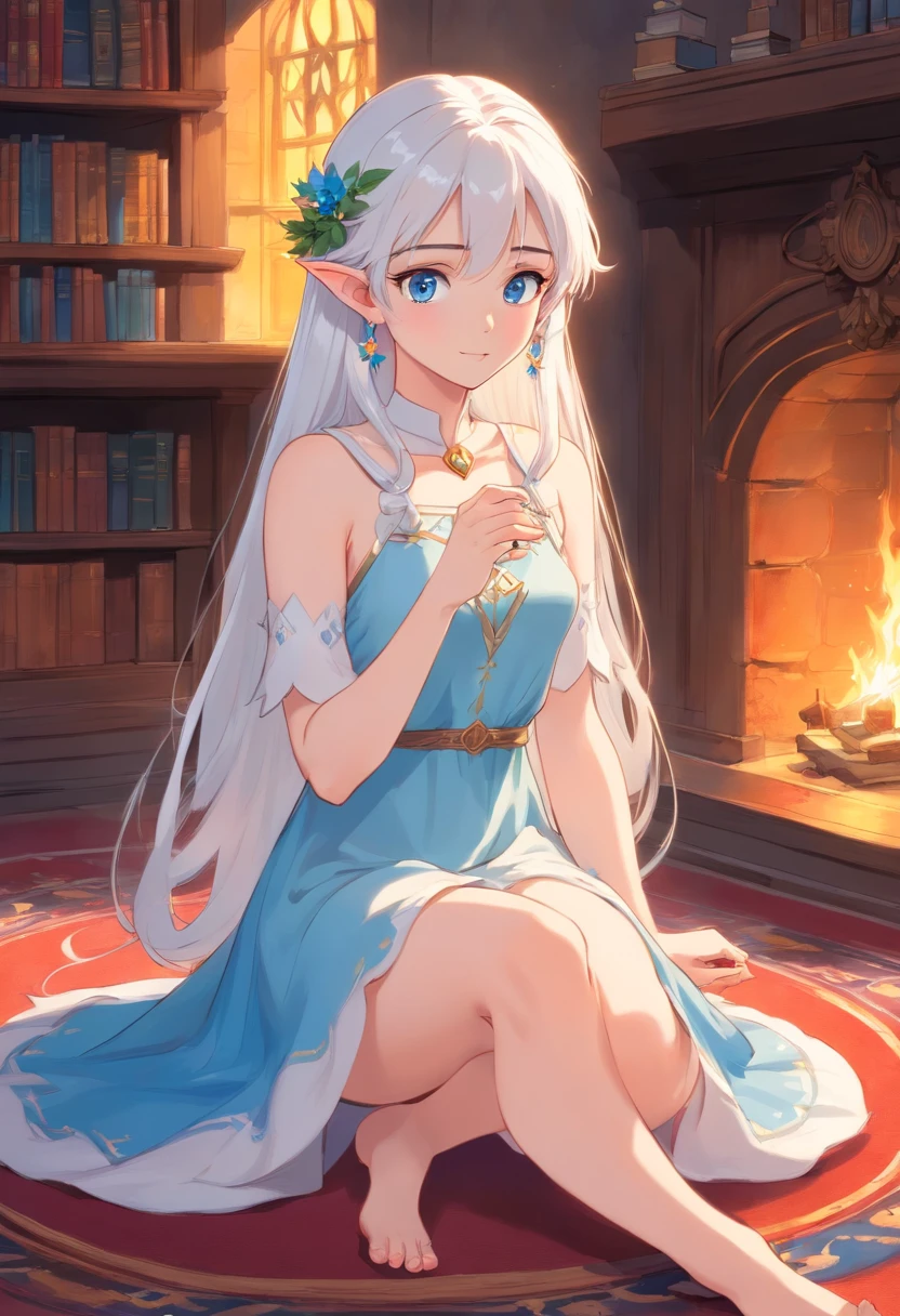 Elf Girl, white hair, long hair, blue eyes, earrings, sitting on the carpet, read book, white Greece dress, translucent dress, wreath, barefoot, fireplace, library in the castle