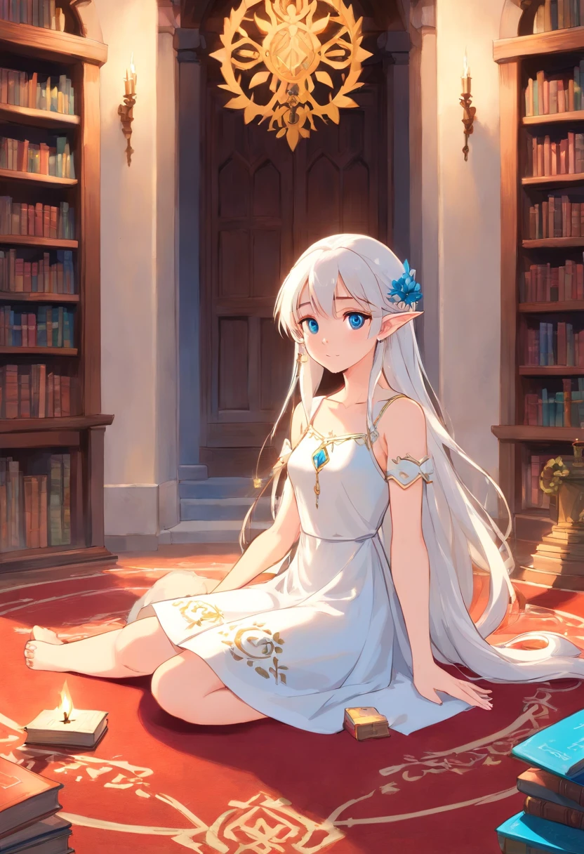 Elf Girl, white hair, long hair, blue eyes, earrings, sitting on the carpet, read book, white Greece dress, translucent dress, wreath, barefoot, fireplace, library in the castle