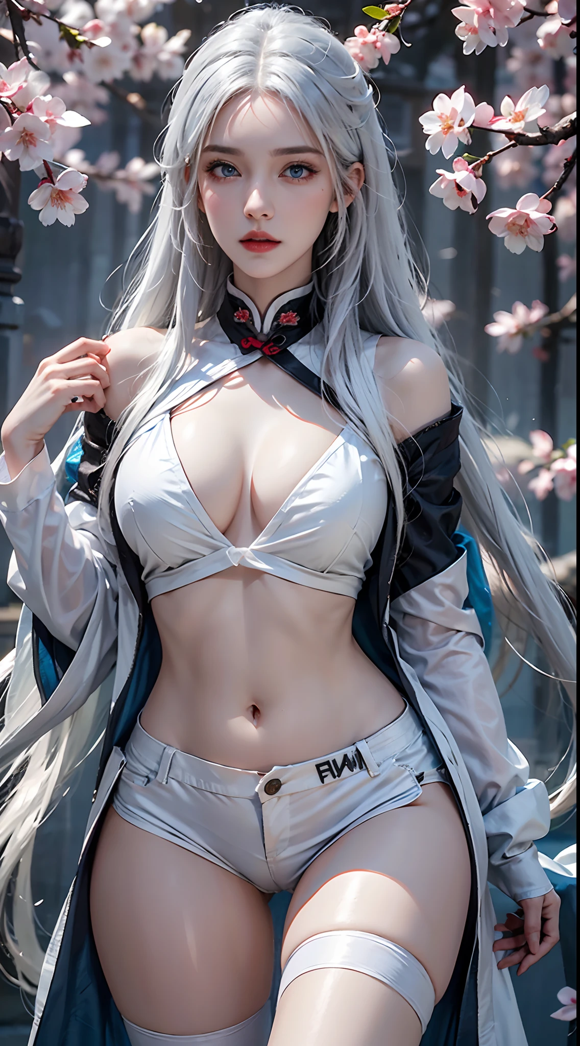 photorealistic, high resolution, soft lights, 1women, solo, hips up, blue eyes, white hair, long hair, blue eyes, red lips, closed mouth, jewelry, kungfu clothes, tattoo, cherry blossom