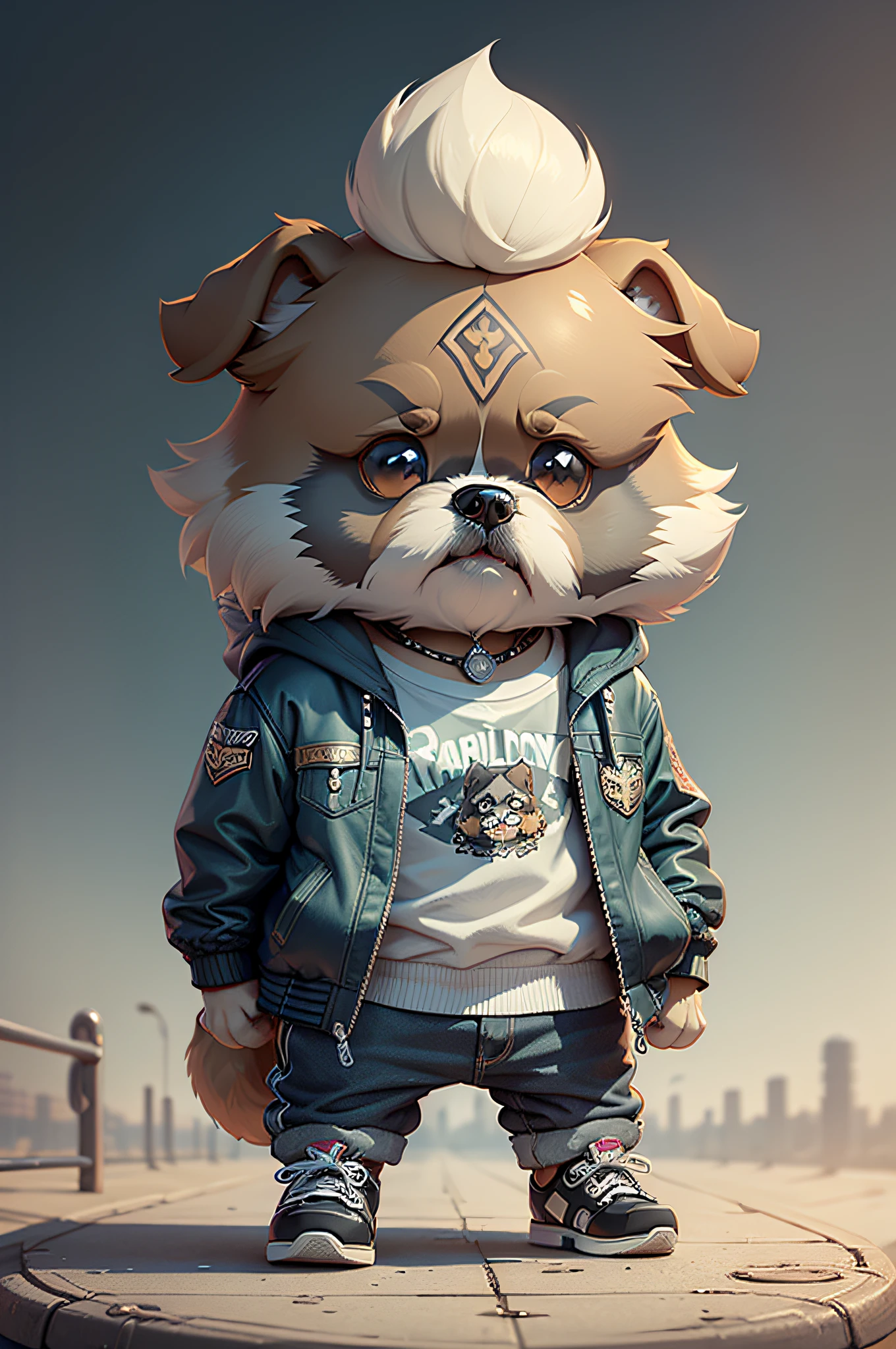 C4tt4stic, Ride a Harley-Davidson、Cartoon Shih Tzu dog in jacket and skateboard（Body hair is camel colored、Details of the appearance of the Shih Tzu dog