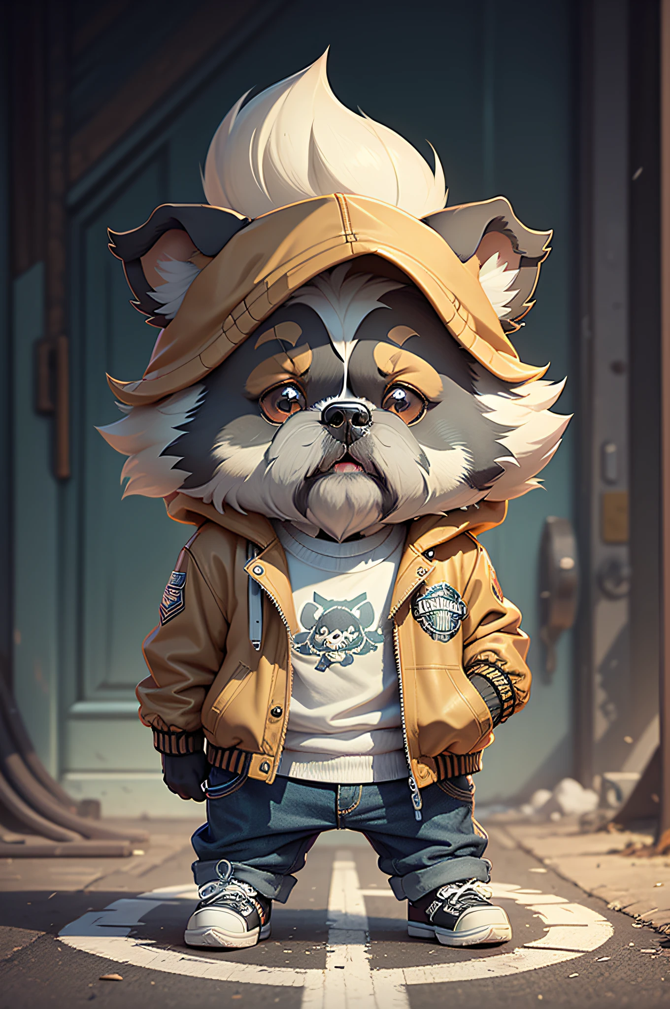 C4tt4stic, Ride a Harley-Davidson、Cartoon Shih Tzu dog in jacket and skateboard(Body hair is camel colored、Details of the appearance of the Shih Tzu dog
