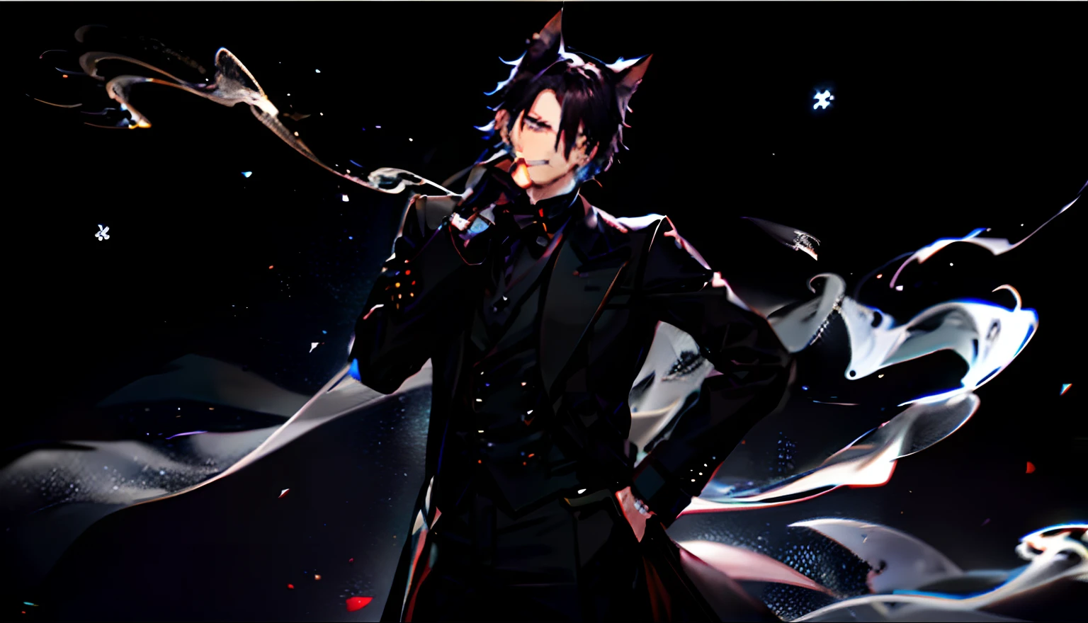 Handsome anime pose, A man in a black coat with black cat ears and black hair, smoking a cigarette, snowy background, black tie