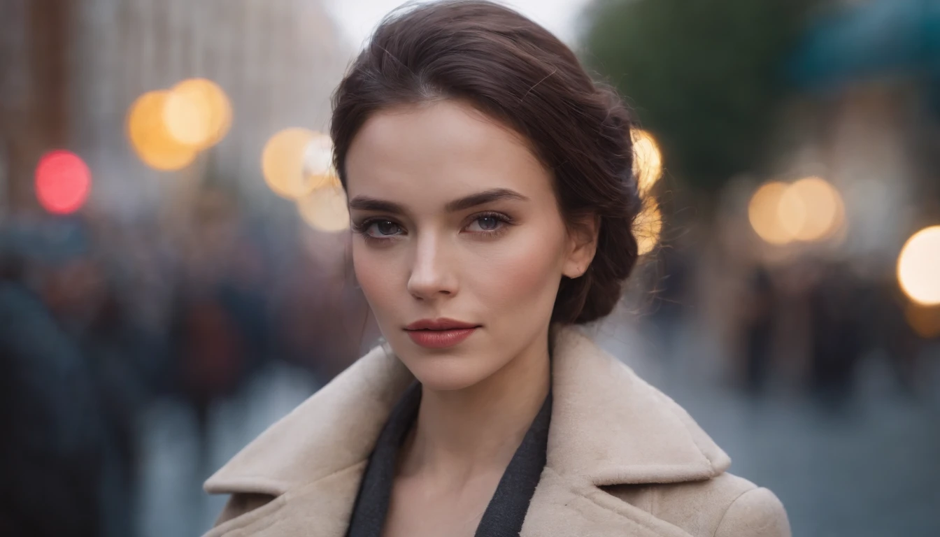The woman, dressed in a fashionable coat in the city, ciberpunk, 2D art games, Detailed character expressions, close up, in the style of soft brushstroke realism, Dark and neon colors,  ::1 neckline ::-0.5 --ar 2:3 - without splitting