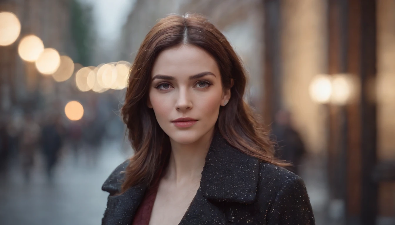 The woman, dressed in a fashionable coat in the city, ciberpunk, 2D art games, Detailed character expressions, close up, in the style of soft brushstroke realism, Dark and neon colors, ::1 neckline ::-0.5 --ar 2:3 - without splitting