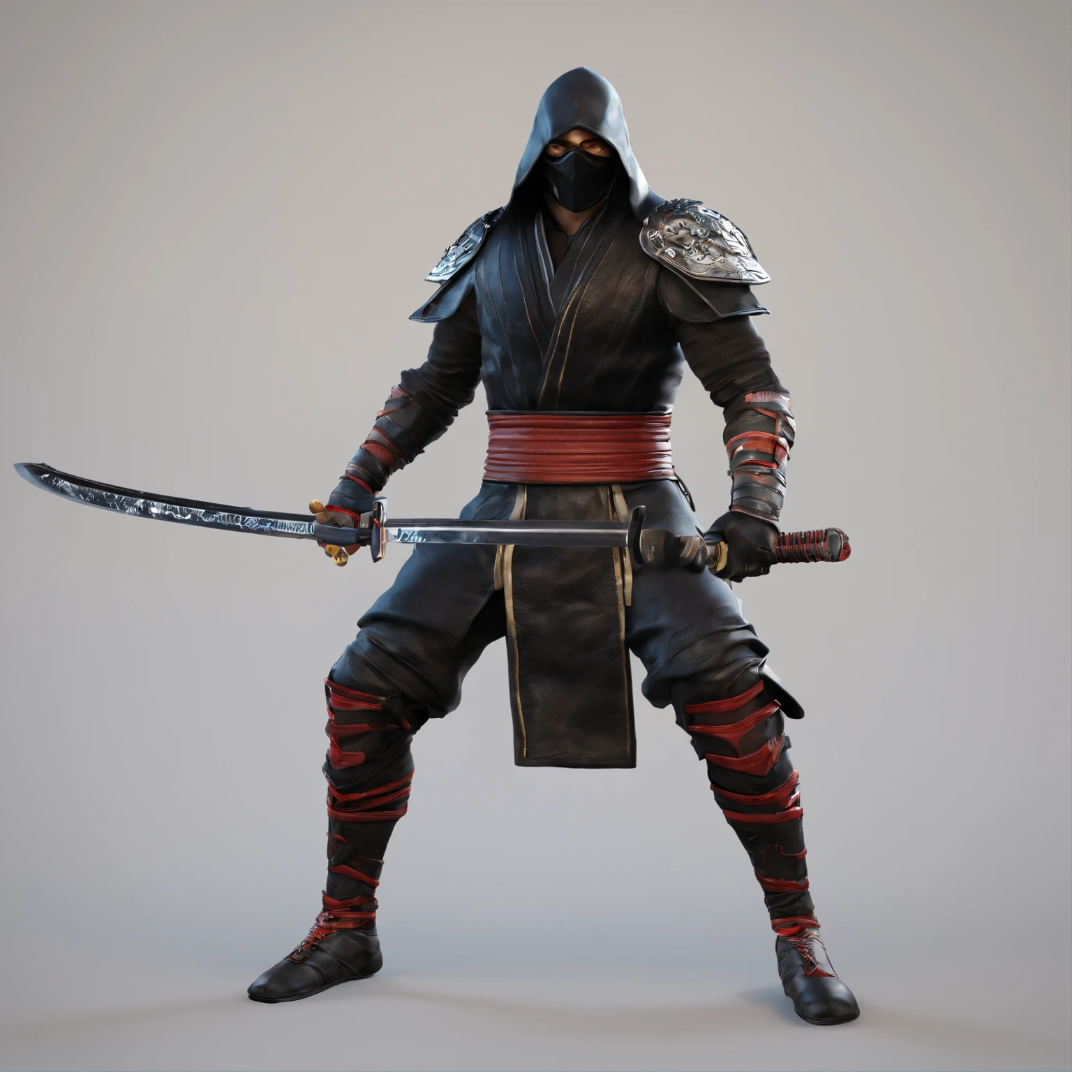 Dark fighter with katana and white eyes mortal kombat style , 3d model