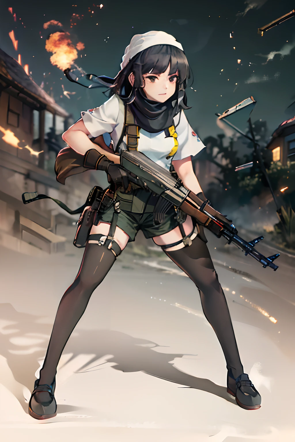 ((best quality)), ((masterpiece)), ((high res)), 1girl, muslim, brown eyes, full body, gloves, black hair, gun, holding and aiming gun, holding weapon, holster, kochiy sanae, solo, suppressor, thigh holster, thigh strap, trigger discipline, weapon, medium hair, matching pantyhose, tights, shorts