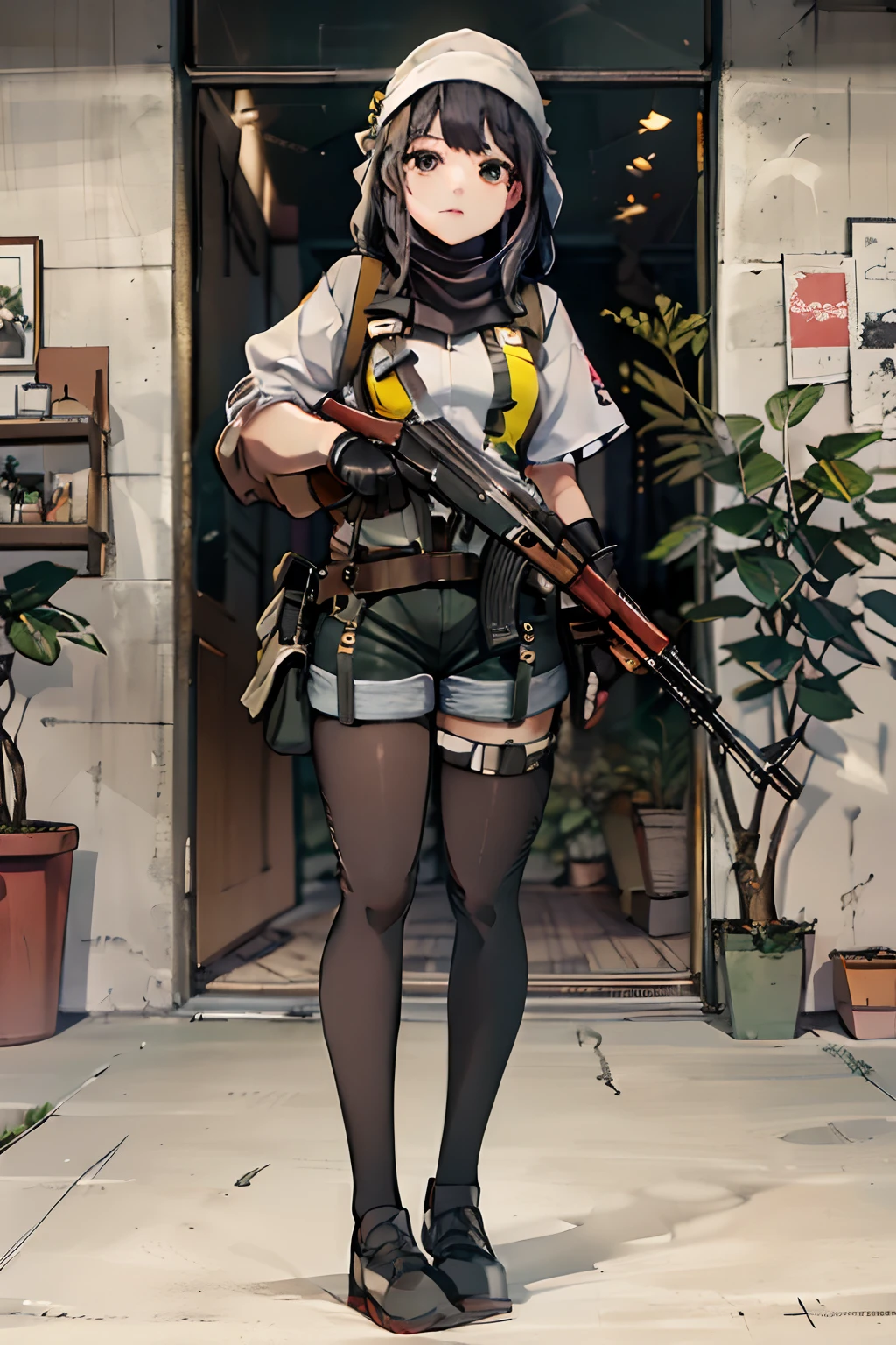 ((best quality)), ((masterpiece)), ((high res)), 1girl, muslim, brown eyes, full body, gloves, black hair, gun, holding and aiming gun, holding weapon, holster, kochiy sanae, solo, suppressor, thigh holster, thigh strap, trigger discipline, weapon, medium hair, matching pantyhose, tights, shorts