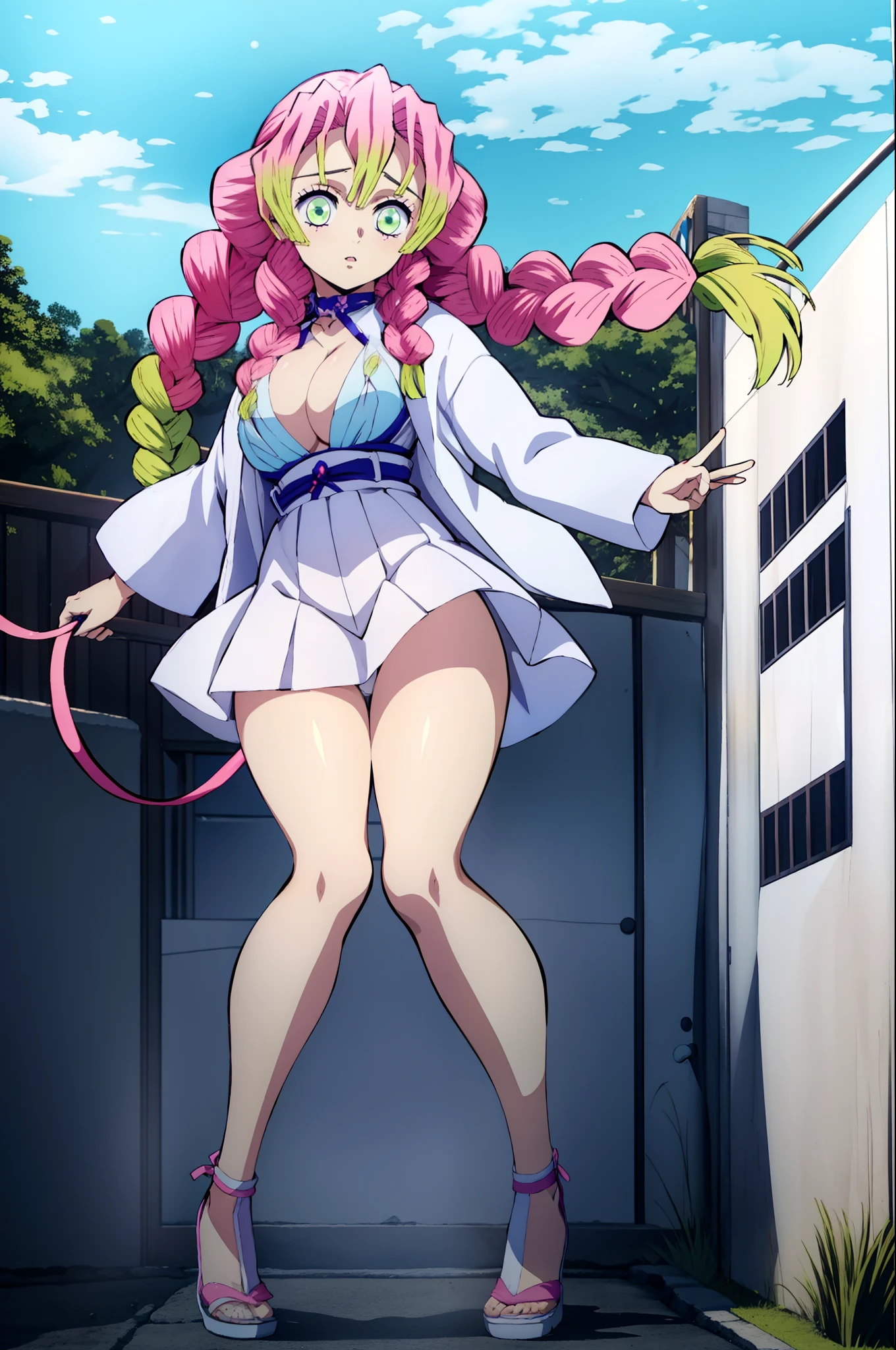 Mitsuri from Demon Slayer wears a white short skirt and Sky blue bra, naked, showing her pussy and butt hole, 8k, perfect quality.