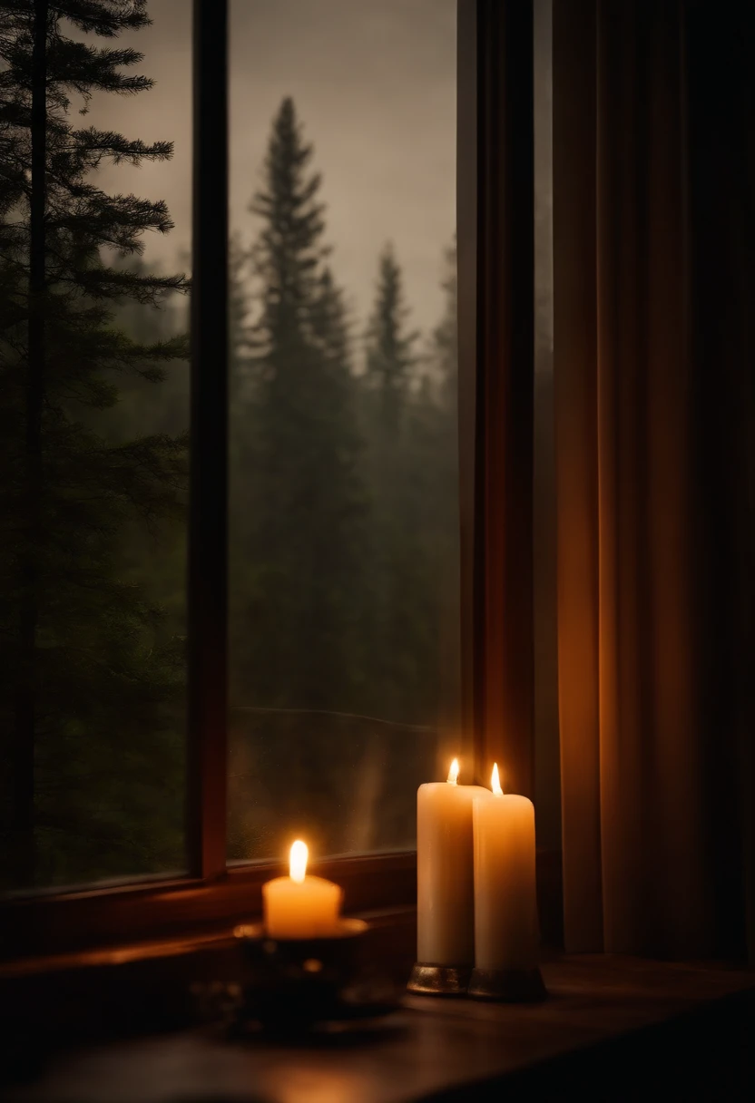 (masterpiece, bestquality),Bedroom with Pine Forest View,Outside the window,It's raining,Fog,candle lit, forests,warm,