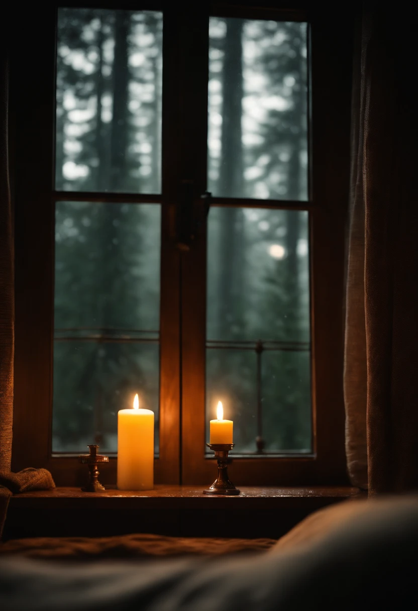 (masterpiece, bestquality),Bedroom with Pine Forest View,Outside the window,It's raining,Fog,candle lit, forests,warm,