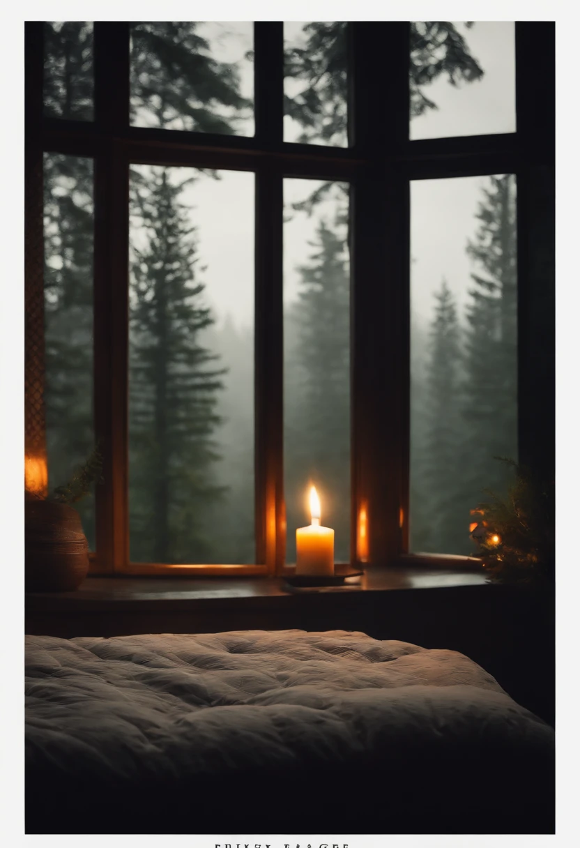 (masterpiece, bestquality),Bedroom with Pine Forest View,Outside the window,It's raining,Fog,candle lit, forests,warm,