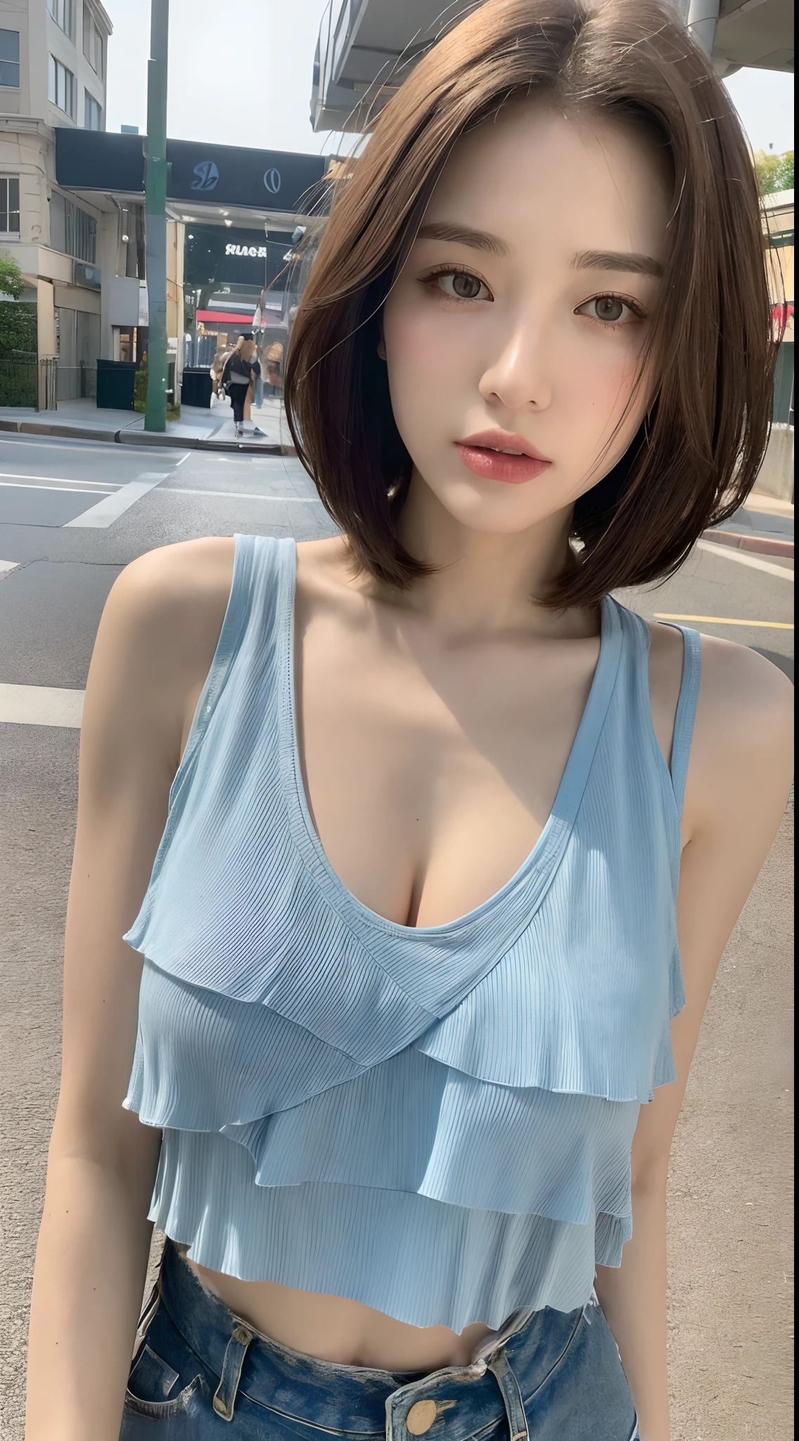 ((Best quality, 8k, Masterpiece :1.3)), Sharp focus :1.2, A pretty woman with perfect figure :1.4, Slender abs :1.2, ((Layered haircut, Big breasts :1.2)), (Tank top shirt :1.1), (Street :1.2), Highly detailed face and skin texture, Detailed eyes, Double eyelid