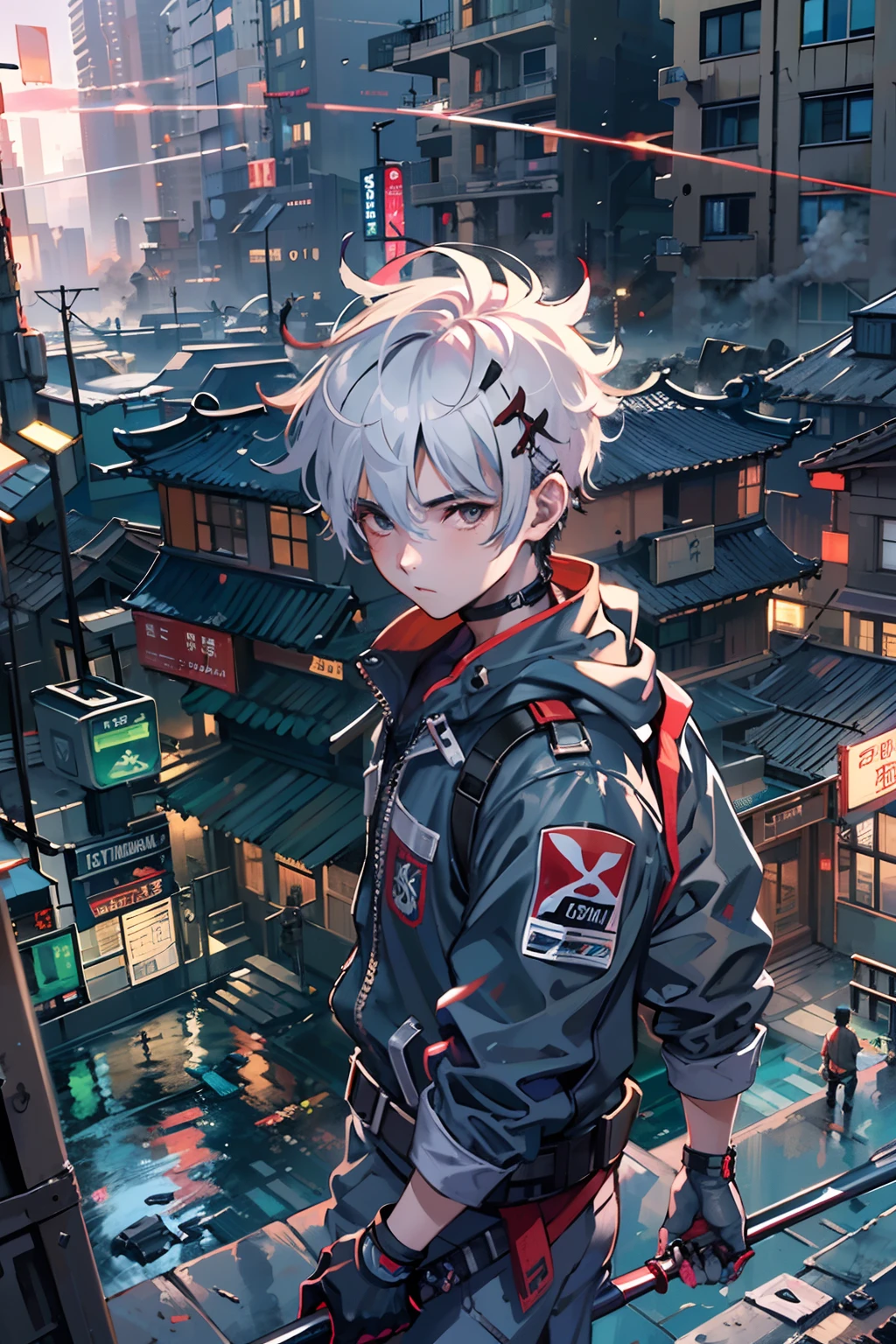 1boy,(15 years old boy:2)、Anime-like protagonist、Cyberpunk Boy、katanas,machine gun、silber hair、Spiky hairstyle、Whole body bloody、Shot from the knee up、Looking at the camera、The beginning of the adventure、Lots of clouds,heavy fog、lightning、Chaotic city of the future、ruined and devastated city、dystopian、A very complex group of Chinese buildings stands in the center、Highly complex Chinese buildings、Dim lighting、puddles、Chaotic landscape、Beautiful and fantastic scenery、Cinematic scenery、hightquality、masutepiece,8K、hight resolution、ultra-detailliert,
