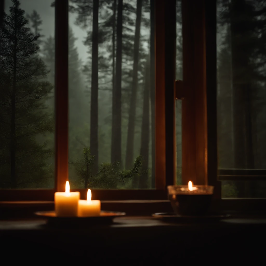 (masterpiece, bestquality),Bedroom with Pine Forest View,Outside the window,It's raining,Fog,candle lit, forests,warm,