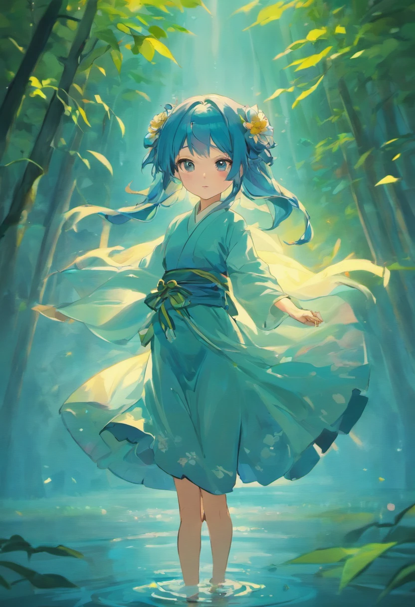 ((4k,masterpiece,best quality)), shuimobysim, traditional chinese ink painting, lotus, hanfu, maxiskit, dress conservatively 1girl, solo, long blue hair, smile, standing, feet in the water, barefoot,