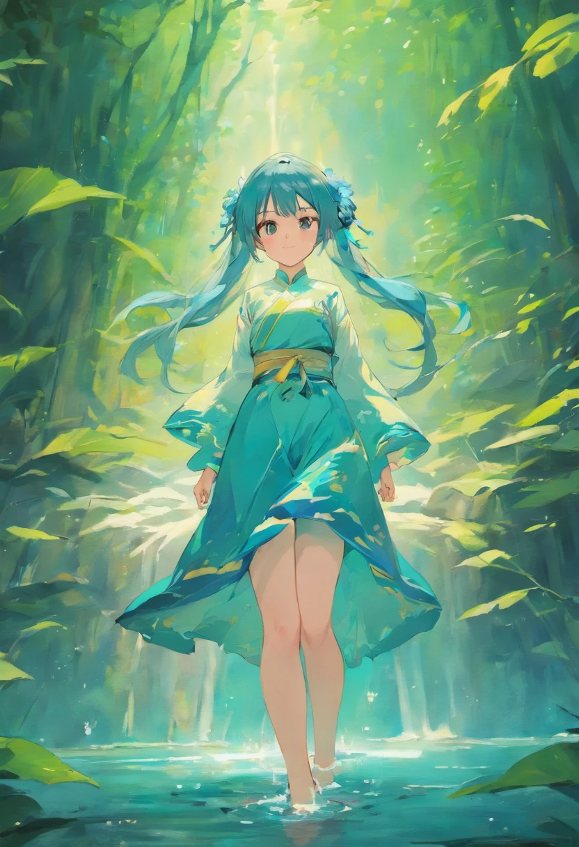 ((4k,masterpiece,best quality)), shuimobysim, traditional chinese ink painting, lotus, hanfu, maxiskit, dress conservatively 1girl, solo, long blue hair, smile, standing, feet in the water, barefoot,
