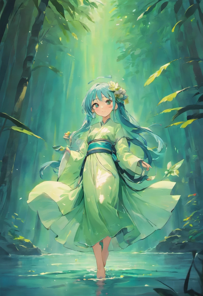 ((4k,masterpiece,best quality)), shuimobysim, traditional chinese ink painting, lotus, hanfu, maxiskit, dress conservatively 1girl, solo, long blue hair, smile, standing, feet in the water, barefoot,