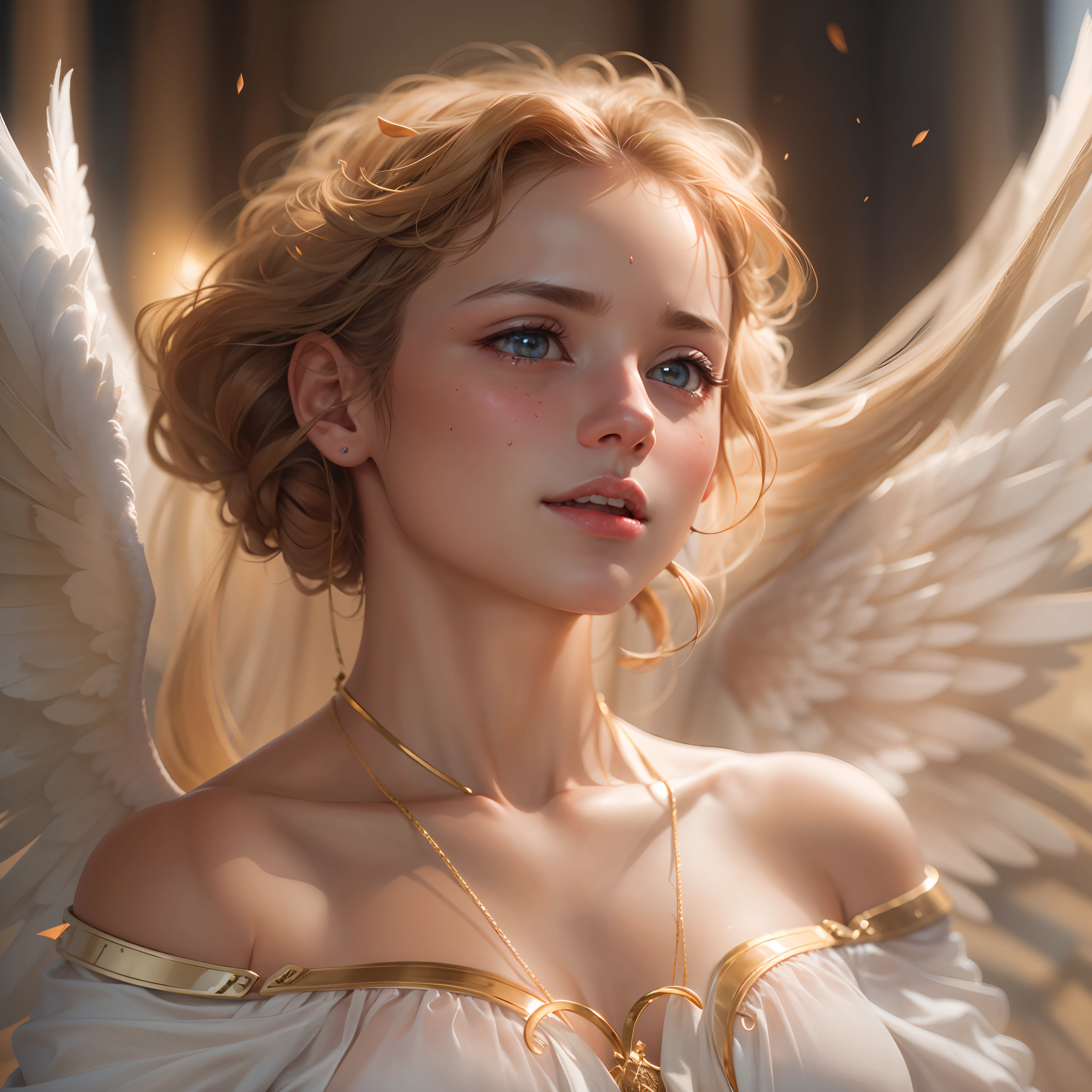 masterpiece, top quality, 8K, real person, realistic, very dense CG, shiny skin, fully focused, heaven, divine glory, radiant, angel, blessing, happiness,