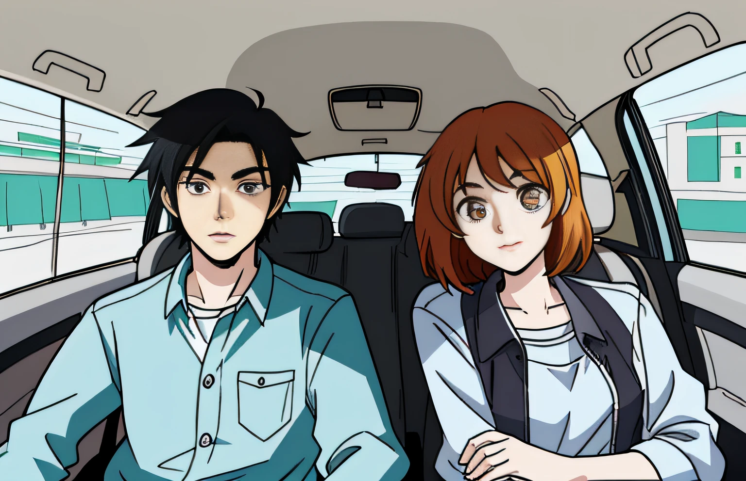 inside car，front row，a young man and a woman，Anime two-dimensional style